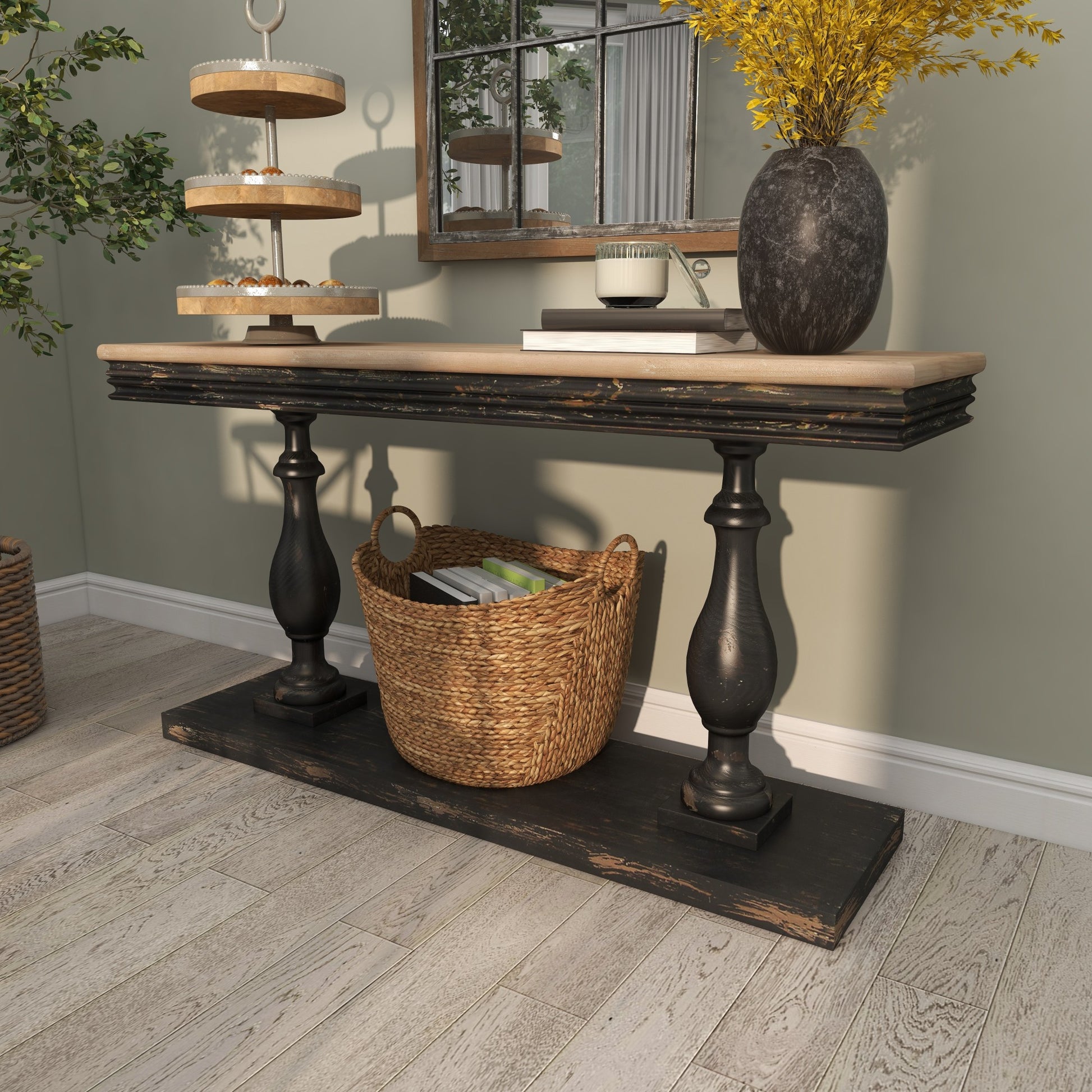 Black Wood Distressed Living Room Console Table with Brown Wood Top