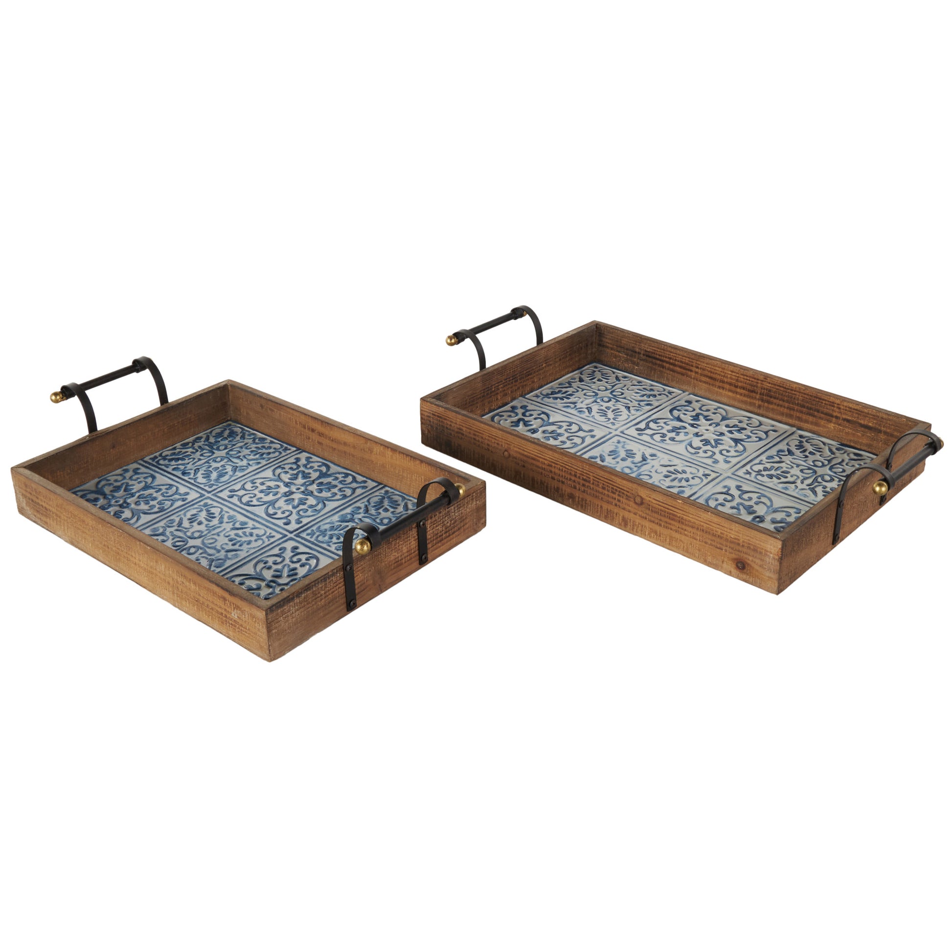 Set of 2 Floral Brown Wood Living Room Decor Tray with Tile Patterns