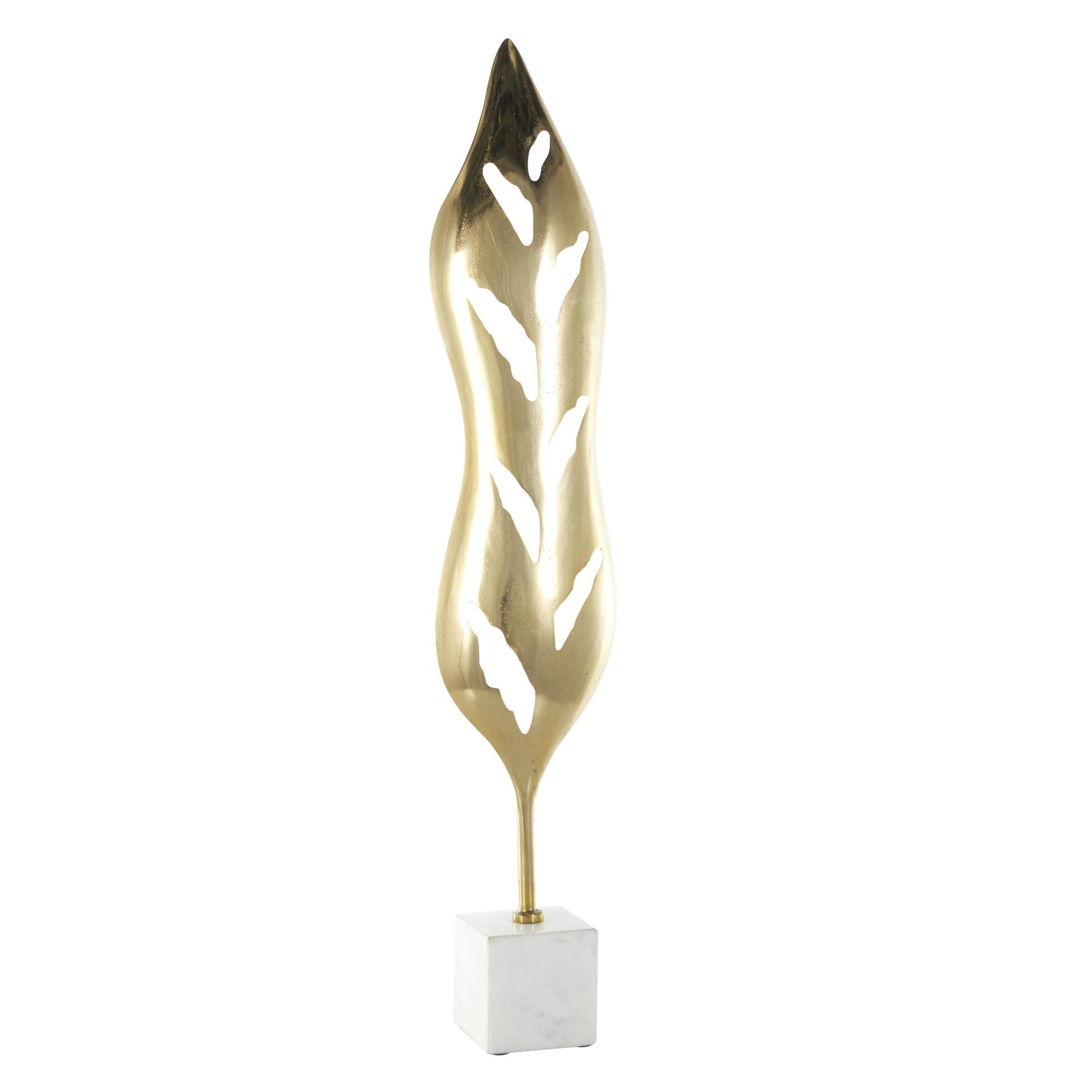 Leaf Gold Aluminum Metal Tall Textured Cutout Decorative Sculpture with White Marble Base