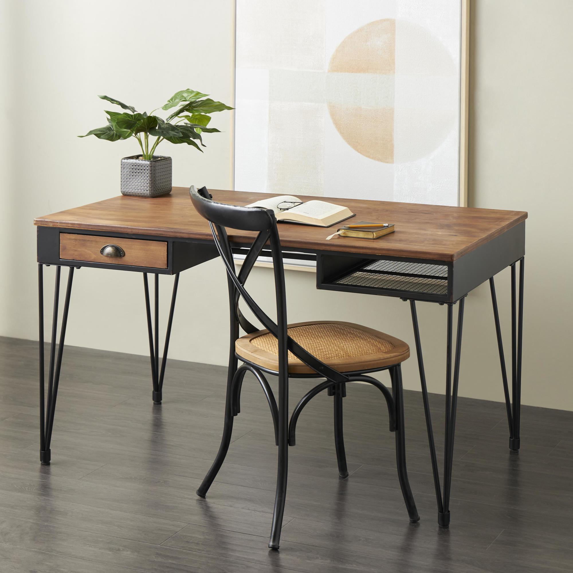 Black Metal Double Sided Living Room Desk with Brown Wooden Tabletop and Drawers