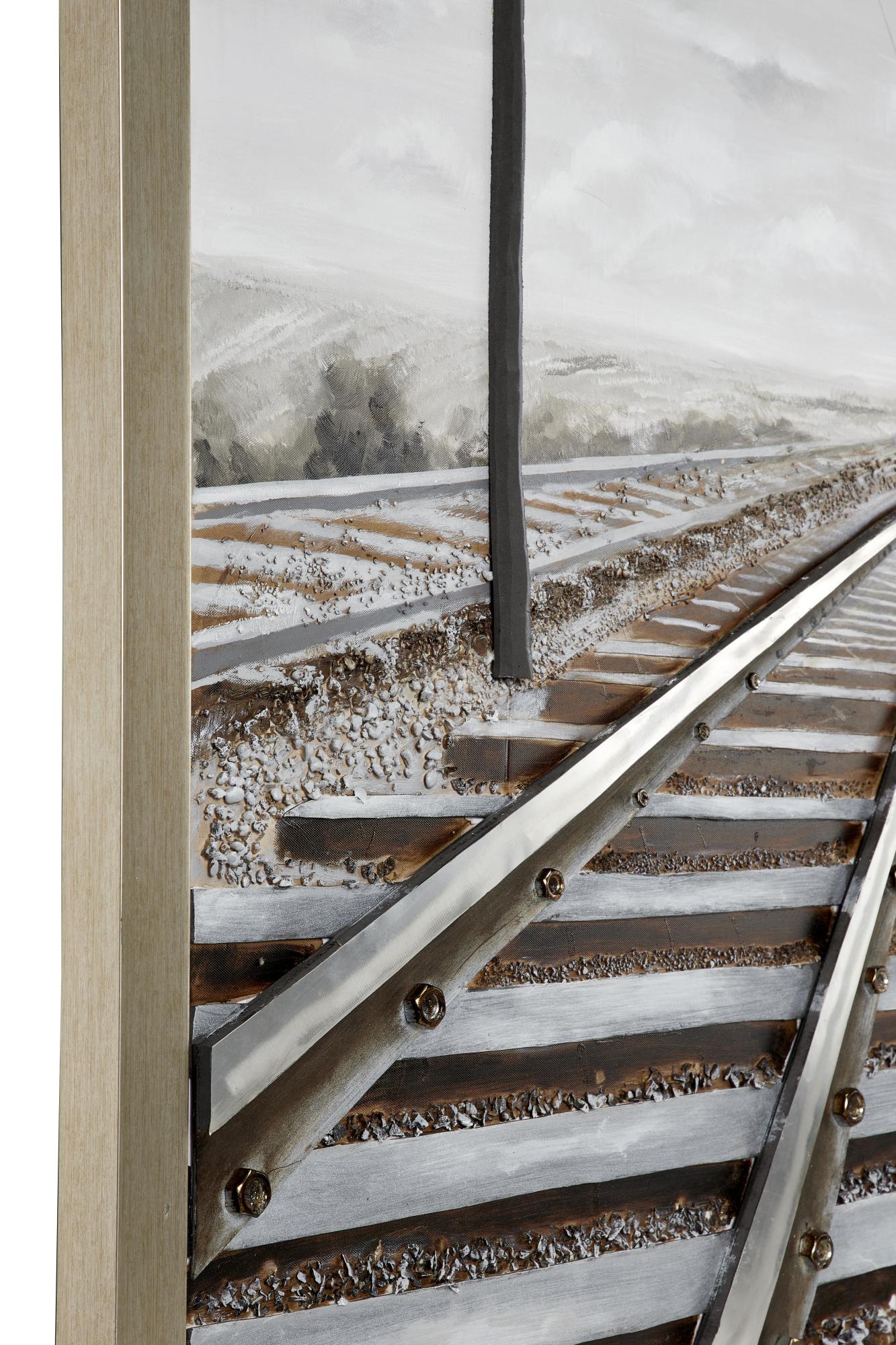 Landscape Gray Canvas Railroad Track Living Room Framed Wall Art with Silver Frame