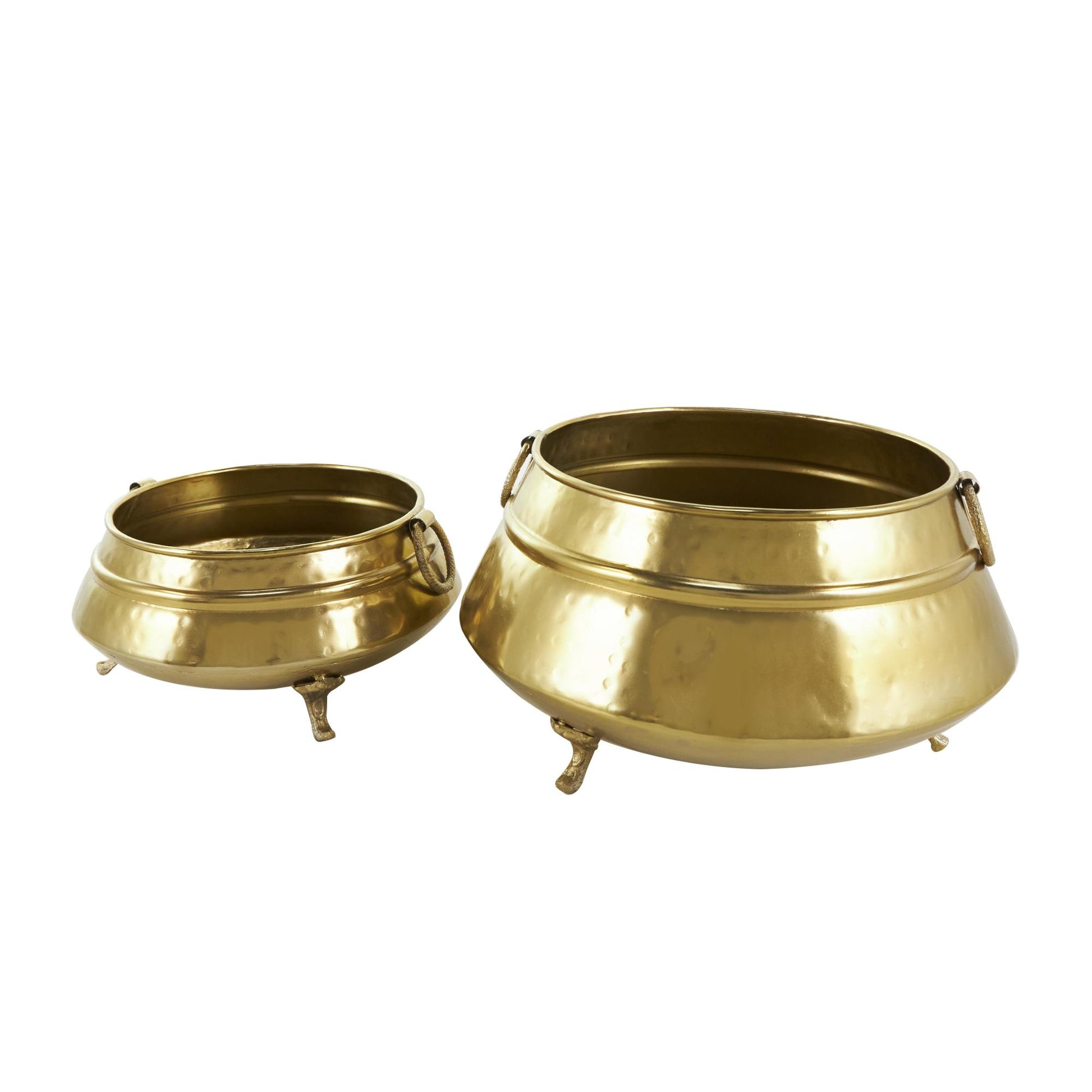 Set of 2 Gold Metal Hammered Pot Indoor Outdoor Planter with Scrolled Feet and Ring Handles
