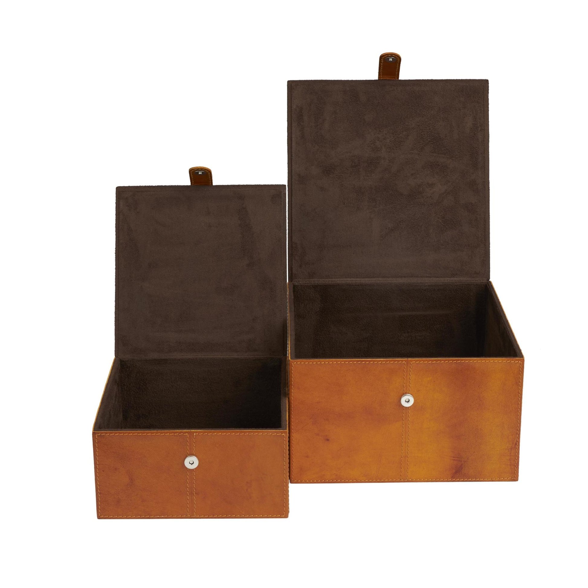 Set of 2 Leather Handmade Storage Decorative Box with Snap Front Closure and Detailed Stitching