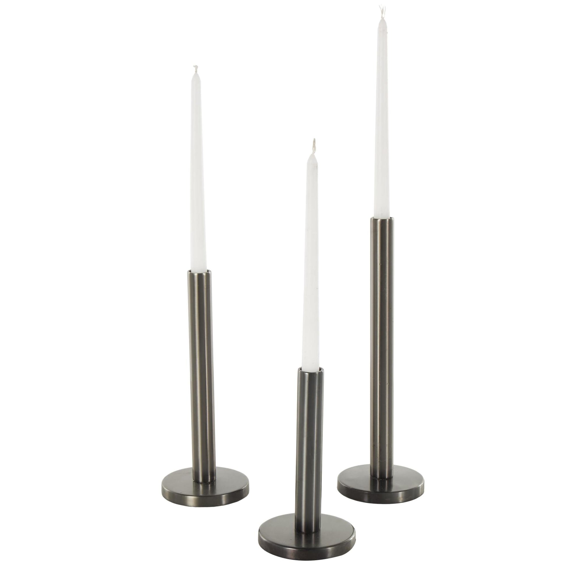 Set of 3 Black Stainless Steel Metal Slim Decorative Candle Holder with Round Base
