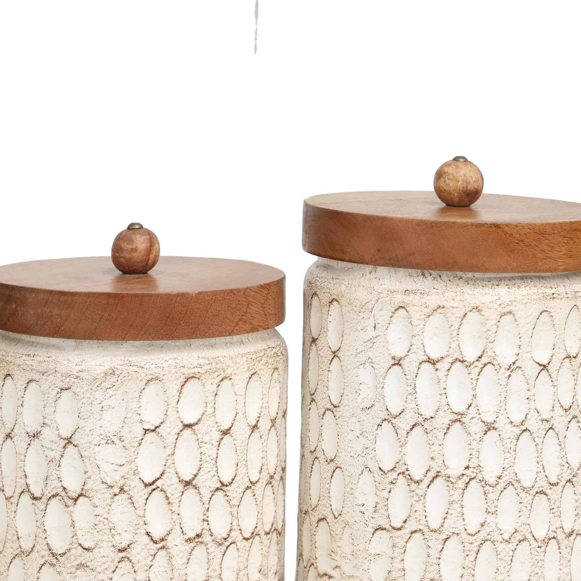 Set of 3 Geometric Cream Paper Mache Handmade Carved Spotted Decorative Canisters with Brown Removable Lids