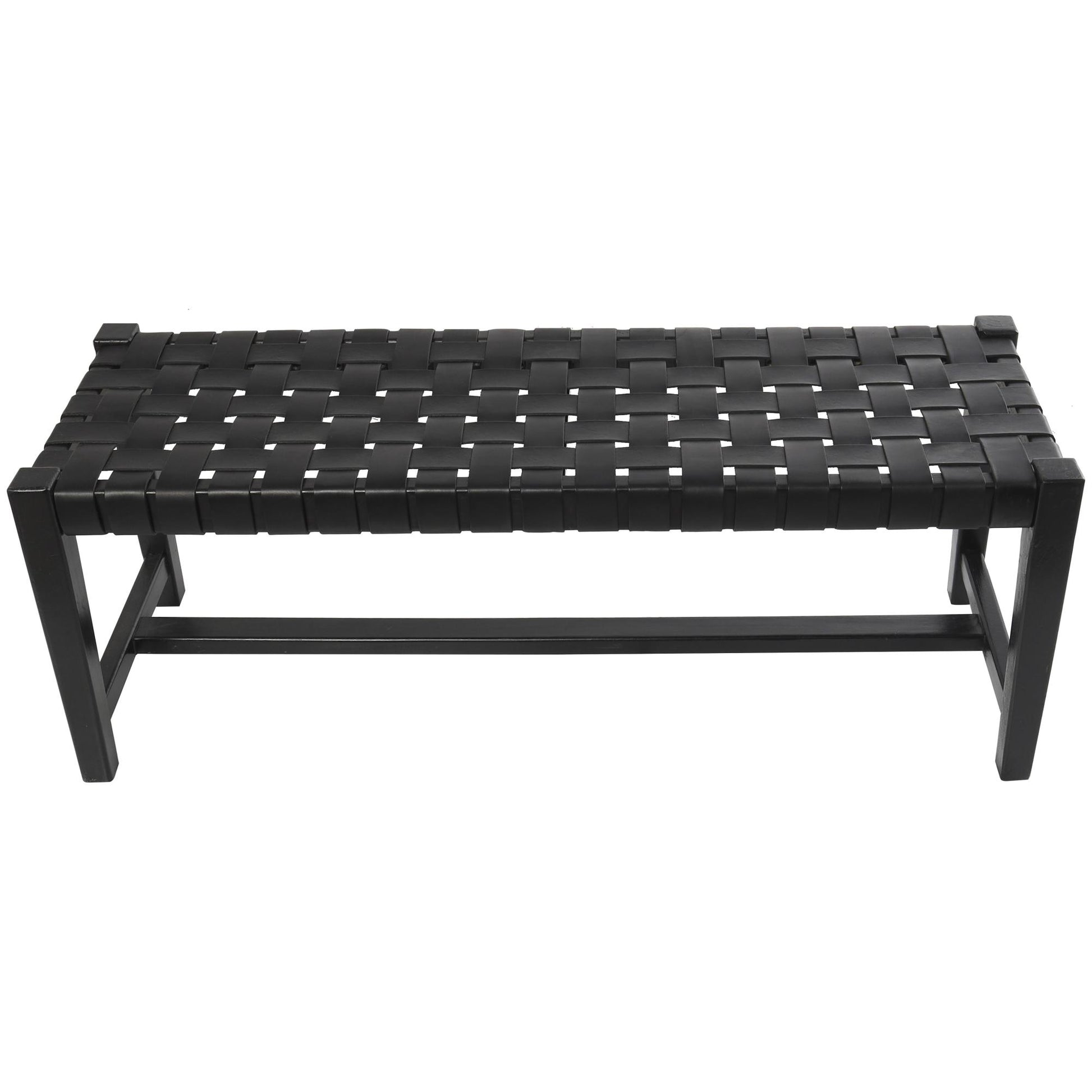 Black Leather Handmade Woven Home Bench with Teak Wood Frame