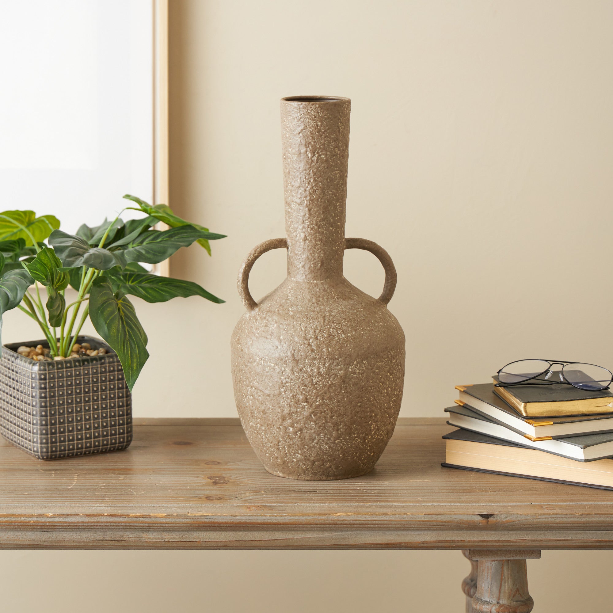 Brown Metal Antique Inspired Decorative Vase with Handles
