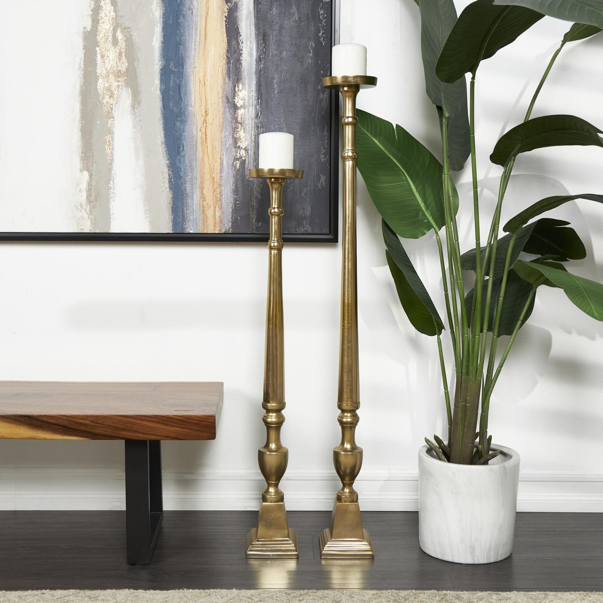 Set of 2 Aluminum Metal Tall Floor Decorative Candle Holder