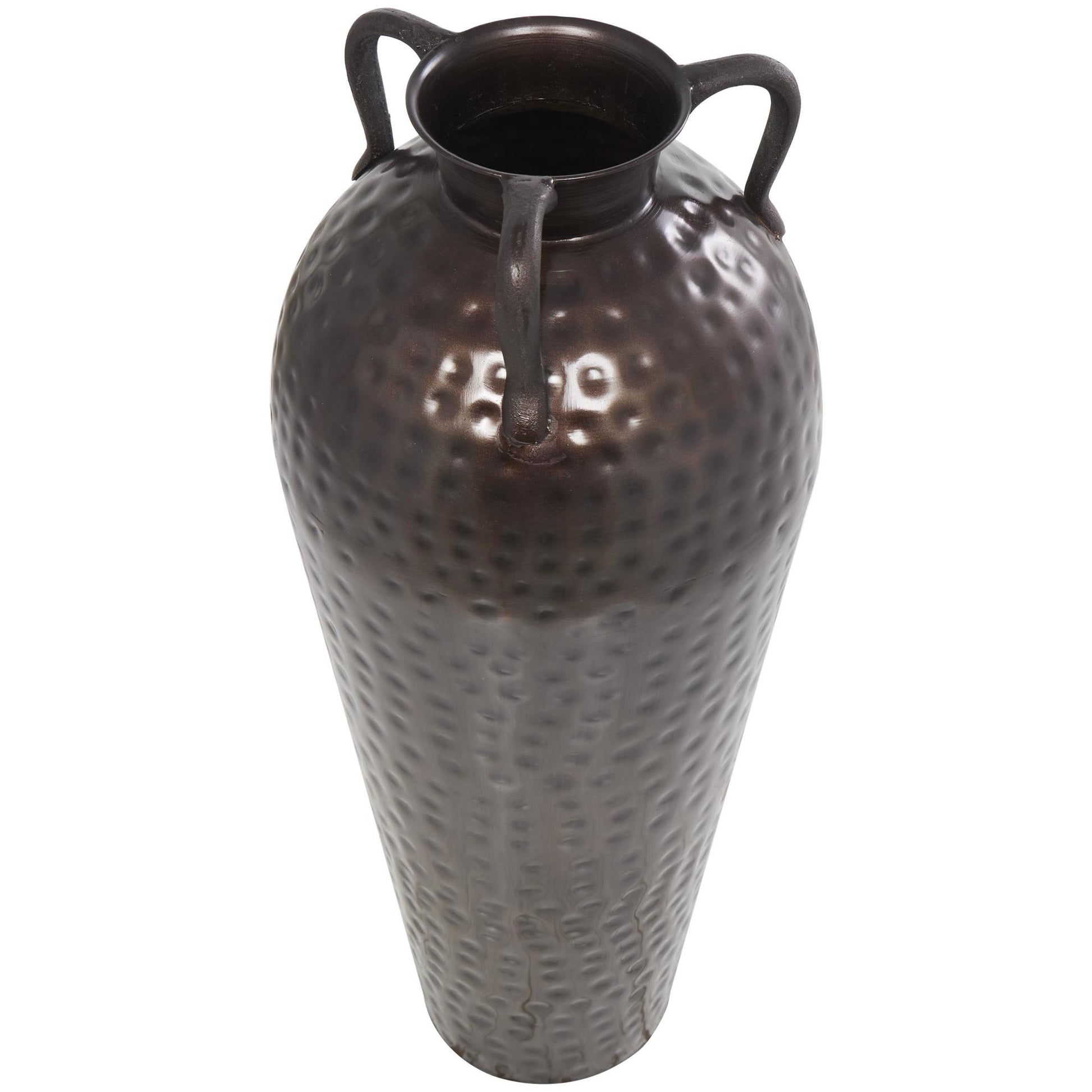 Brown Metal Tall Floor Mediterranean Style Decorative Vase with Hammered Details and Handles