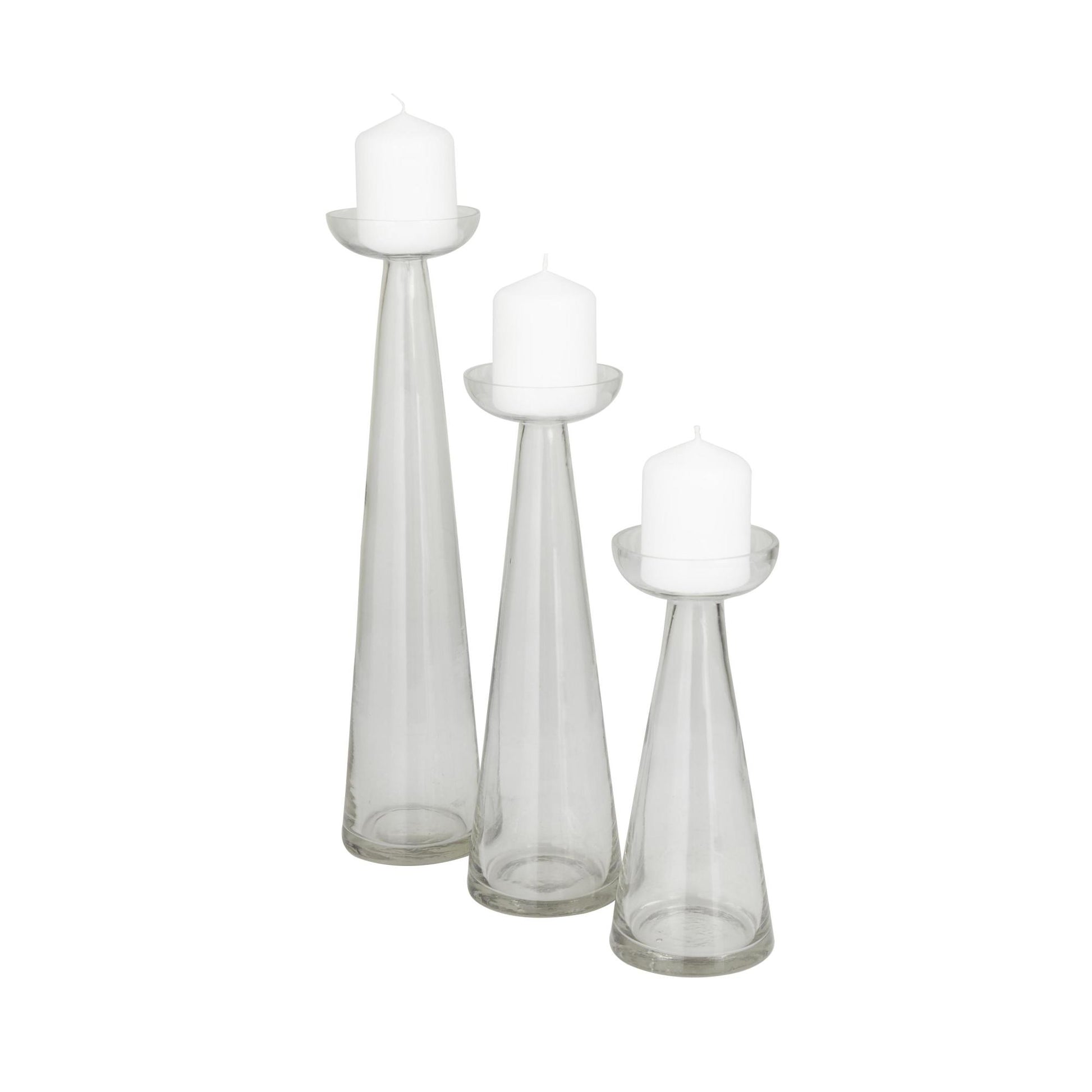 Set of 3 Glass Tapered Cone Decorative Candle Holder with Rounded Candle Plates