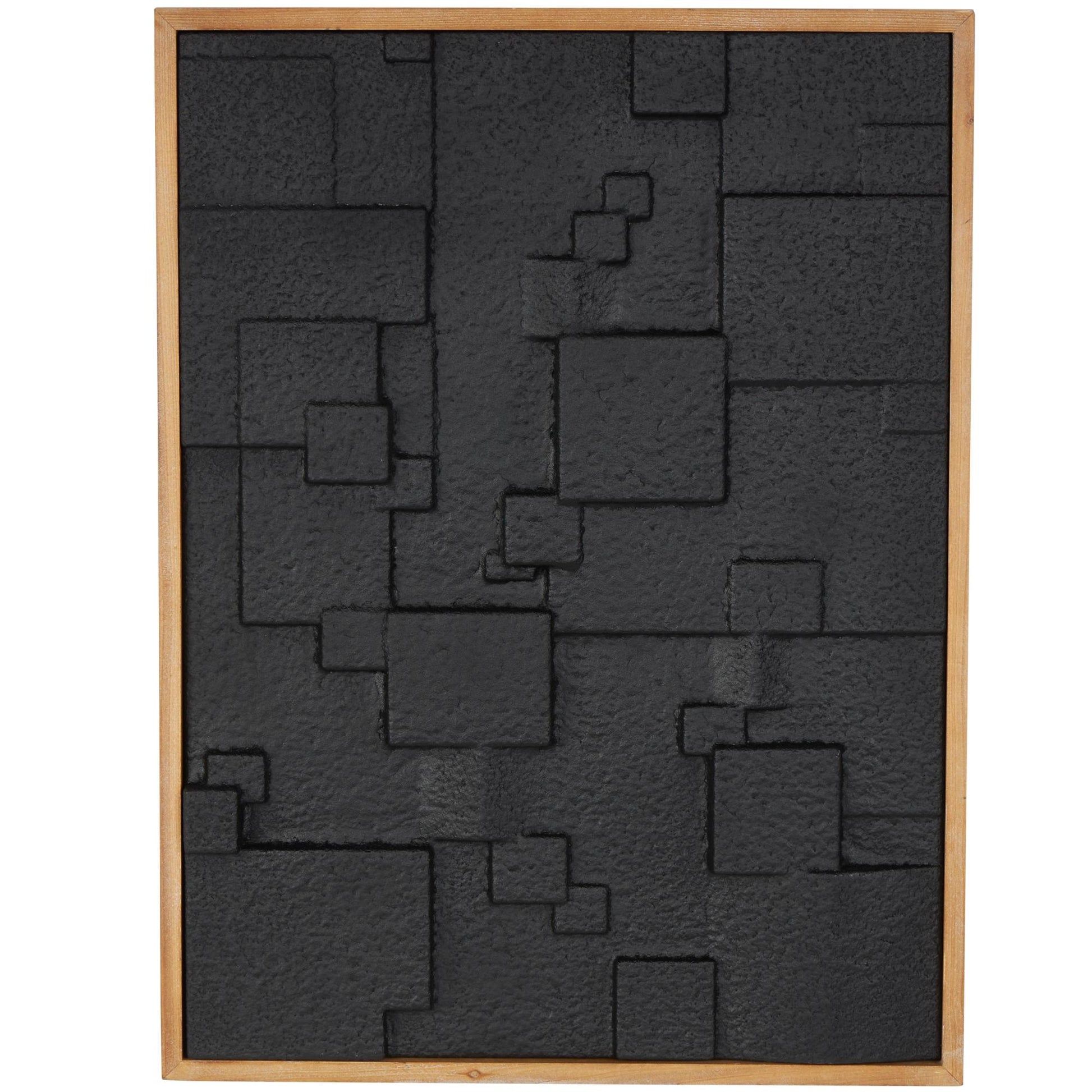 Geometric Black Wood Dimensional Textured Shapes Living Room Framed Wall Art with Brown Frame
