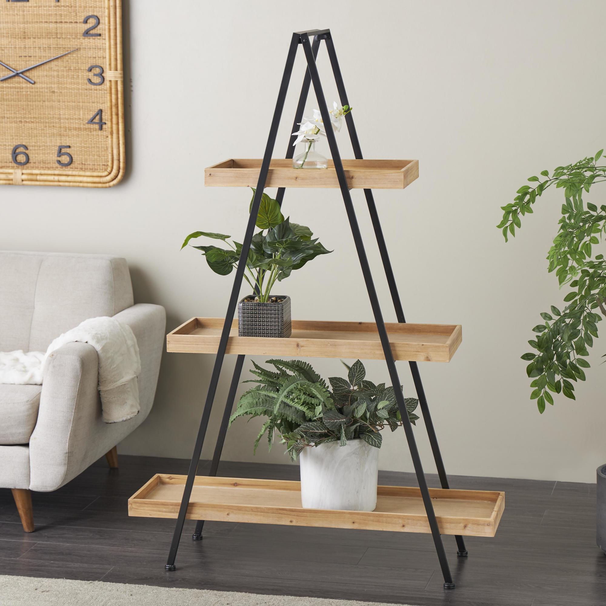 Black Metal 3 Shelf Storage Shelving Unit with Black Metal Triangle Frame