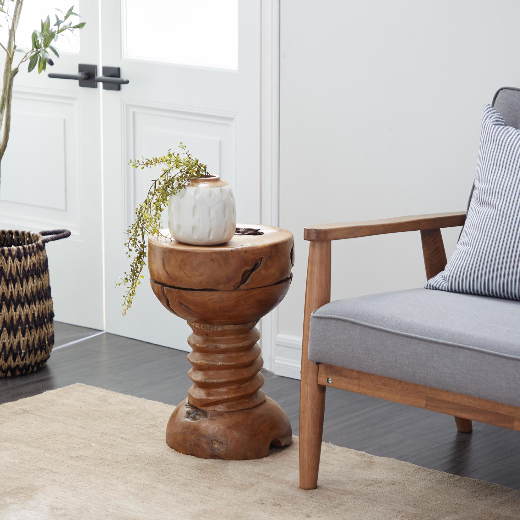 Brown Teak Wood Handmade Live Edge Side End Accent Table with Coiled Base