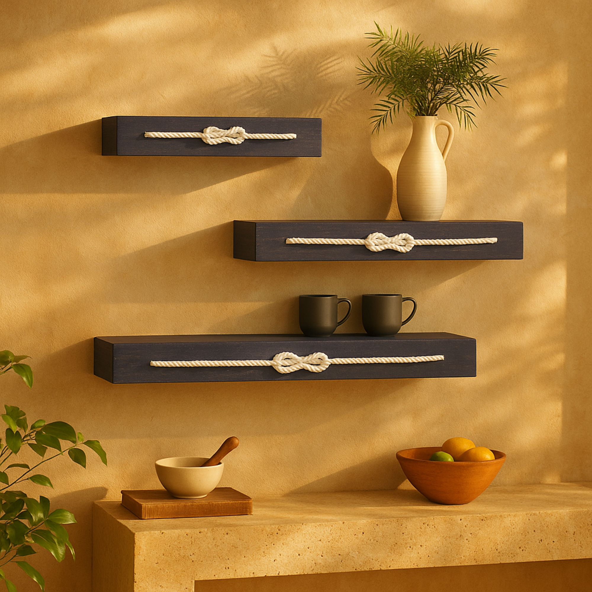 Set of 3 Knot Blue Wood 3 Shelves Room Wall Shelf with Knotted Rope