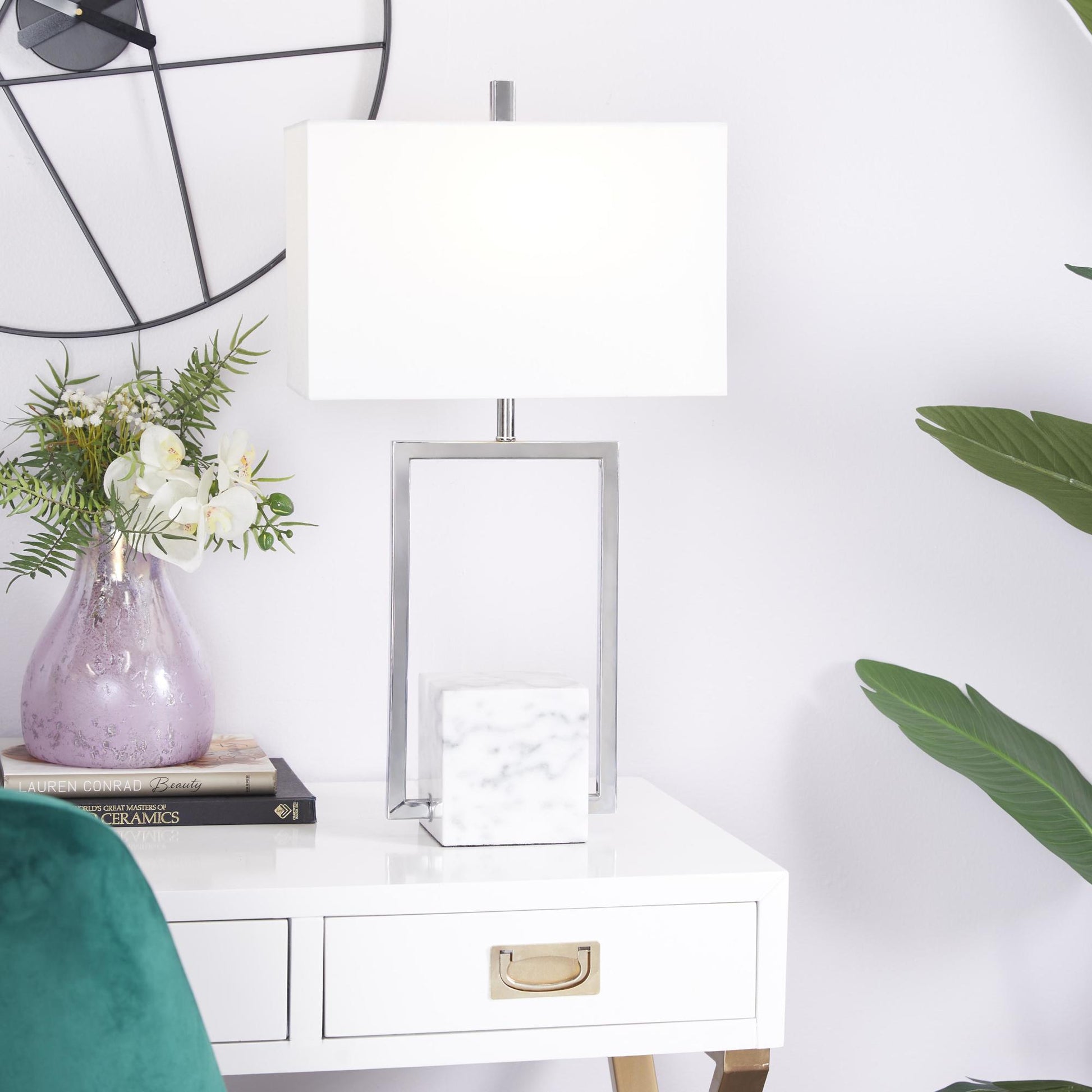 CosmoLiving by Cosmopolitan Geometric Marble Room Table Lamp with Square Shade