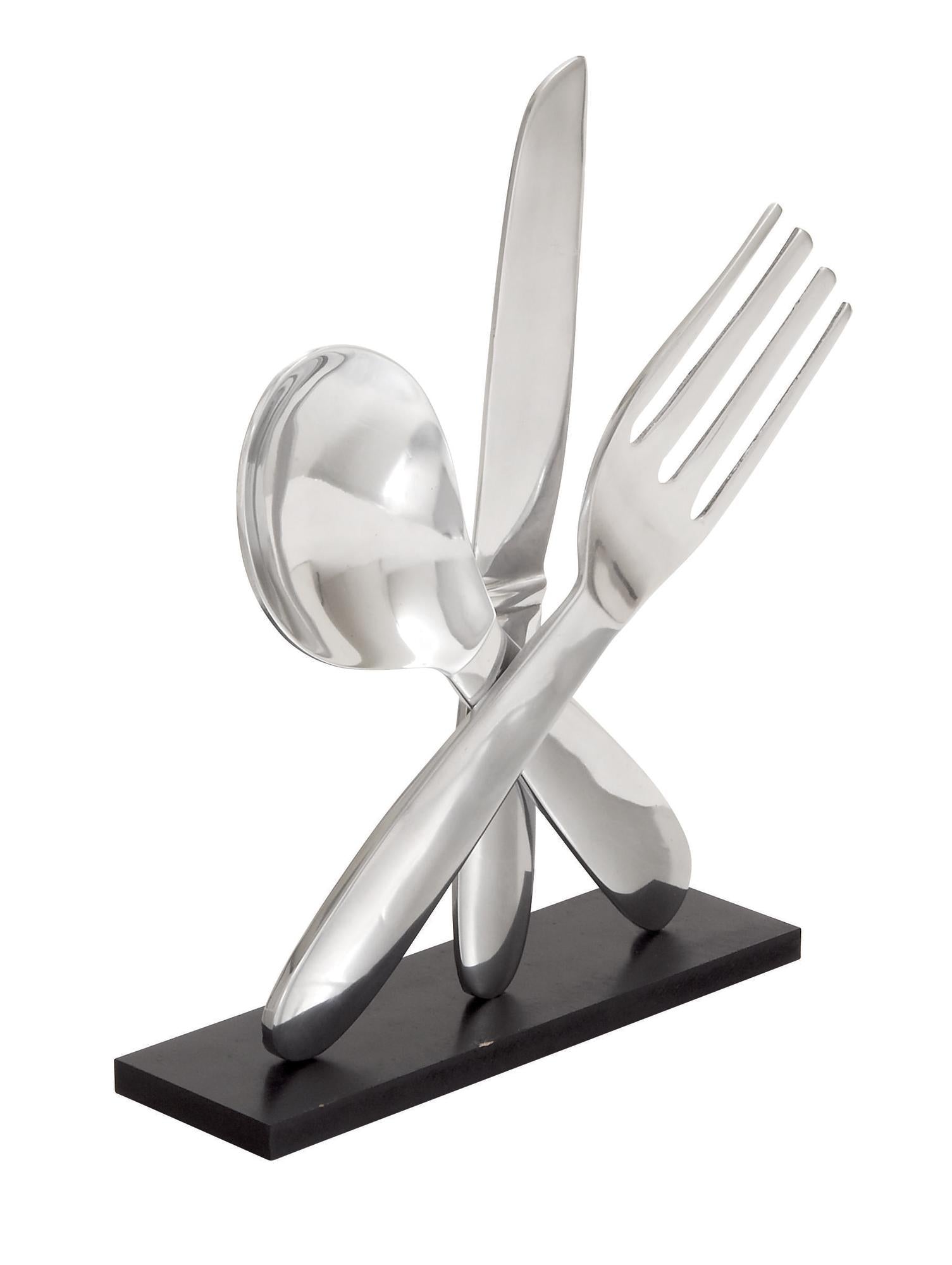 Utensils Silver Aluminum Metal Decorative Sculpture with Black Base