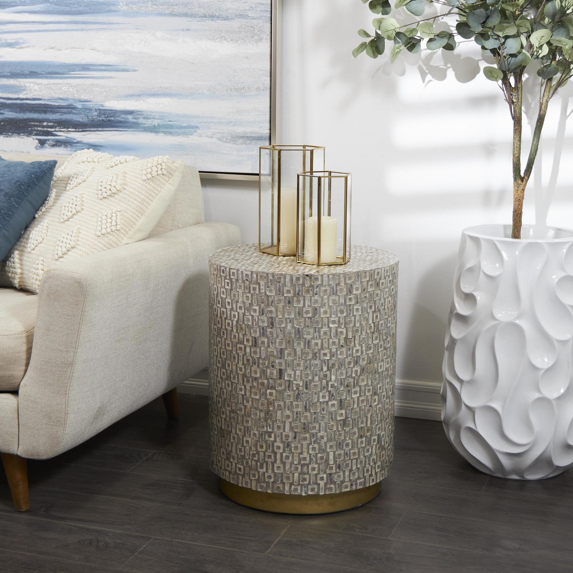 Geometric Mother of Pearl Shell Side End Accent Table with Gold Base