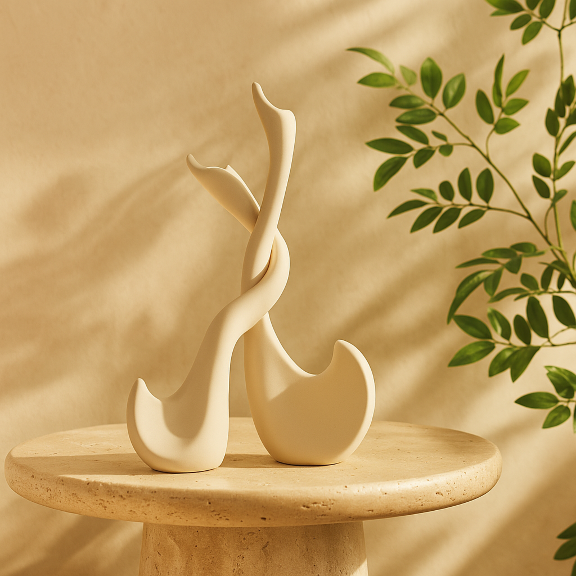 Set of 2 Swan Beige Ceramic Intertwined Decorative Sculpture