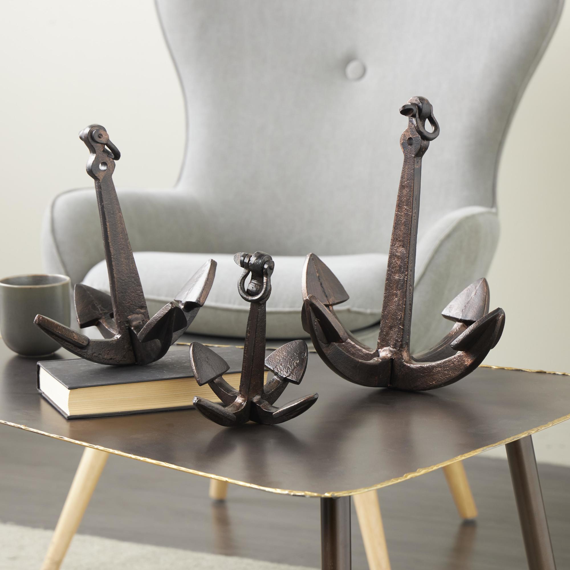 Set of 3 Anchor Copper Aluminum Metal Weathered Decorative Sculpture with Hanging Hook