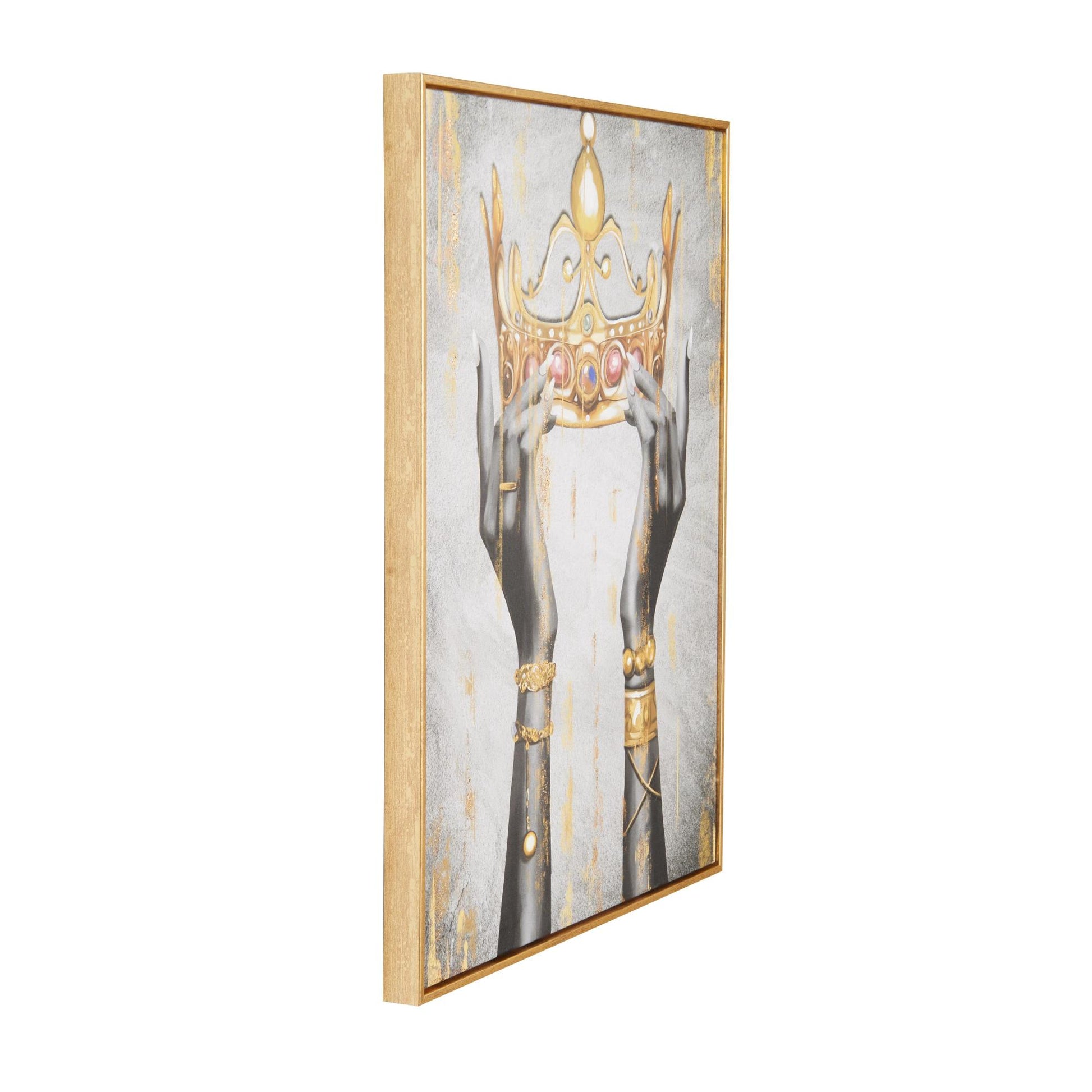 Crown Gold Canvas Living Room Framed Wall Art with Shaded Hands and Metallic Foil Accents