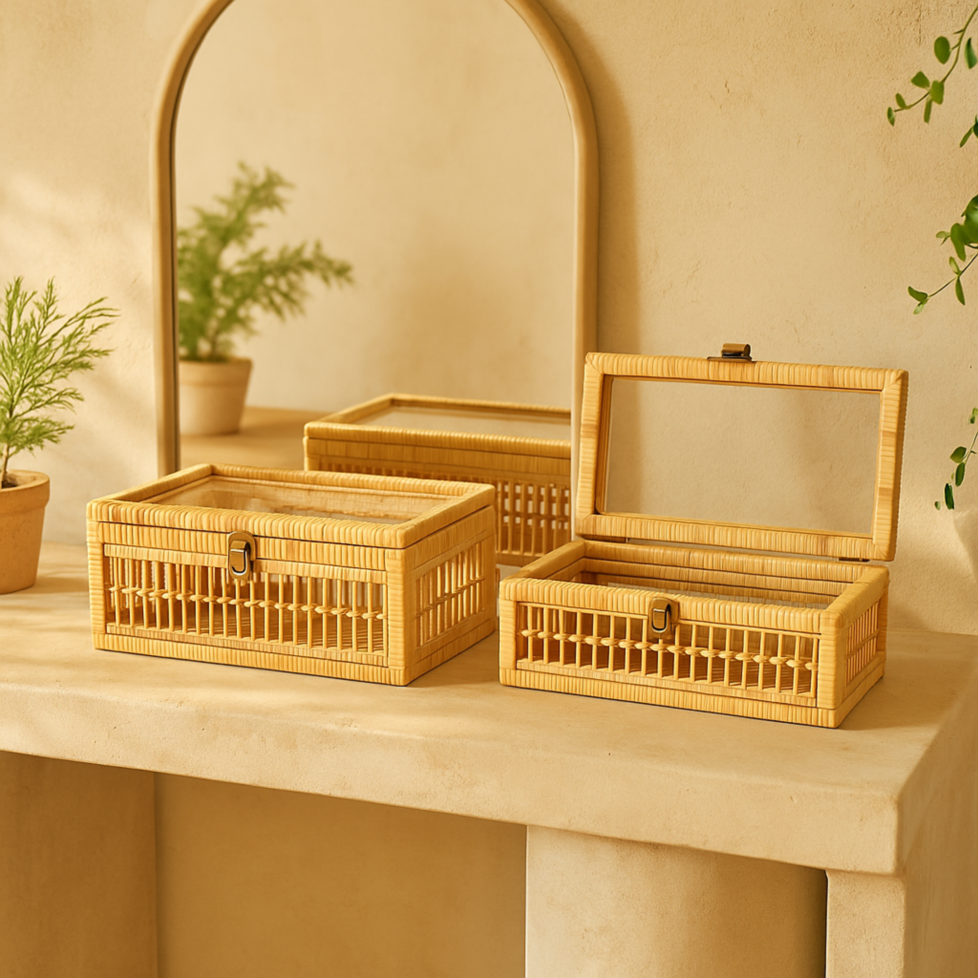 Set of 2 Brown Rattan Handmade Woven Storage Decorative Box with Glass Top and Bronze Latches