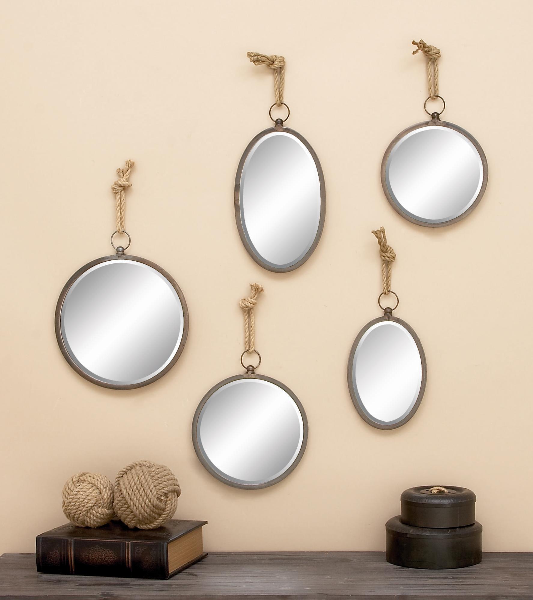 Set of 5 Gray Metal Room Wall Mirror with Hanging Rope