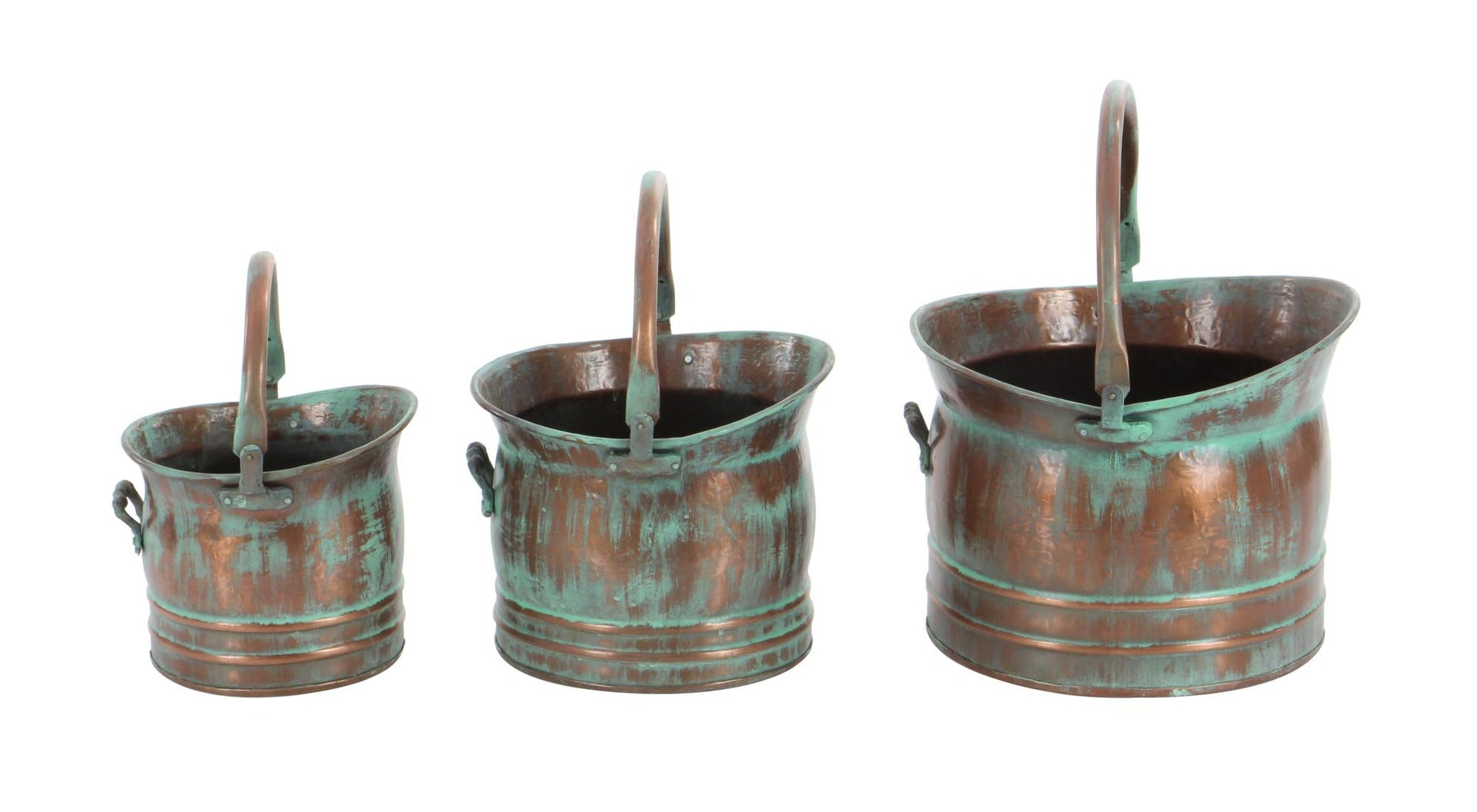 Set of 3 Copper Metal Patina Tulip Style Bucket Indoor Outdoor Planter with Stationary Handles