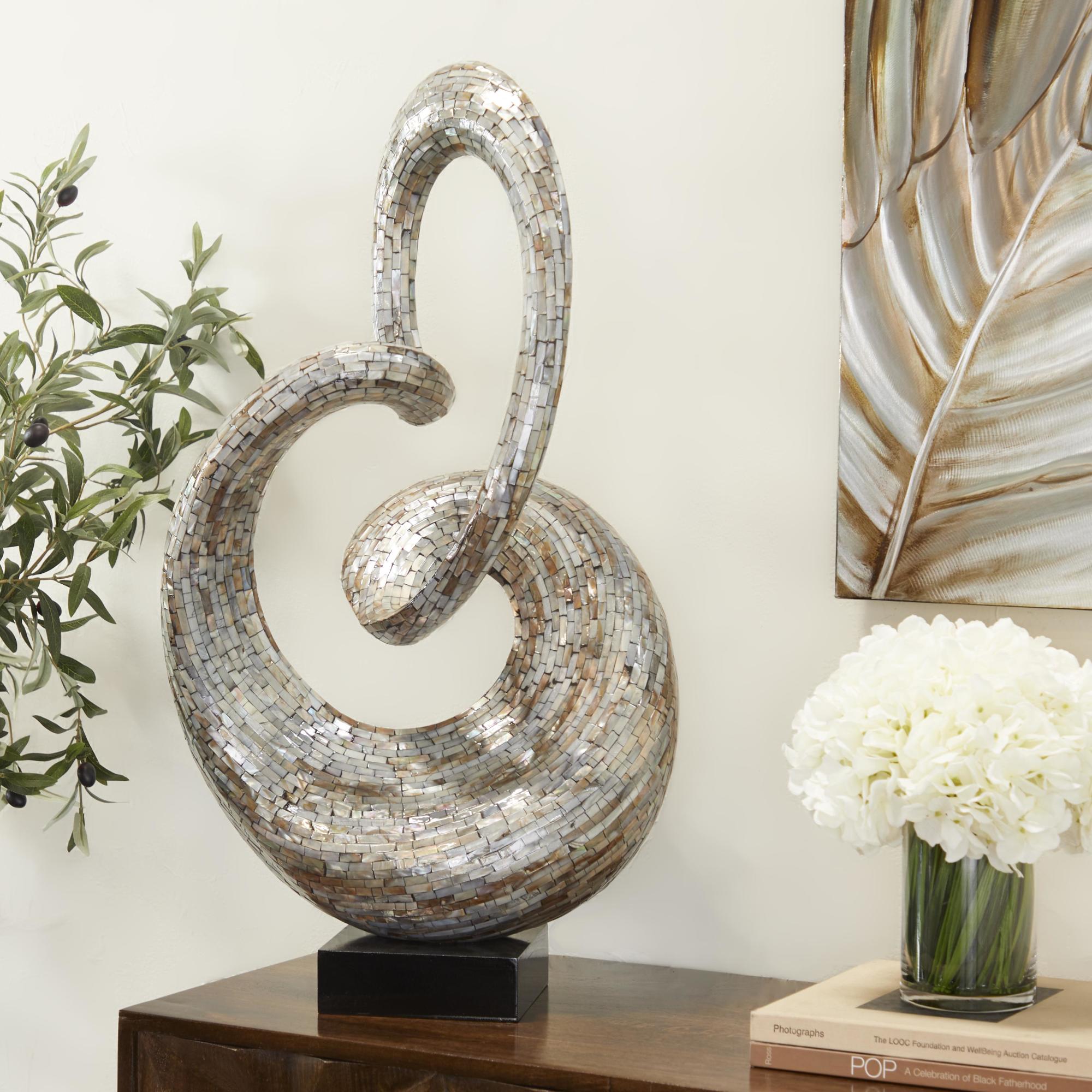 Abstract Gray Mother of Pearl Shell Swirl Decorative Sculpture with Black Base