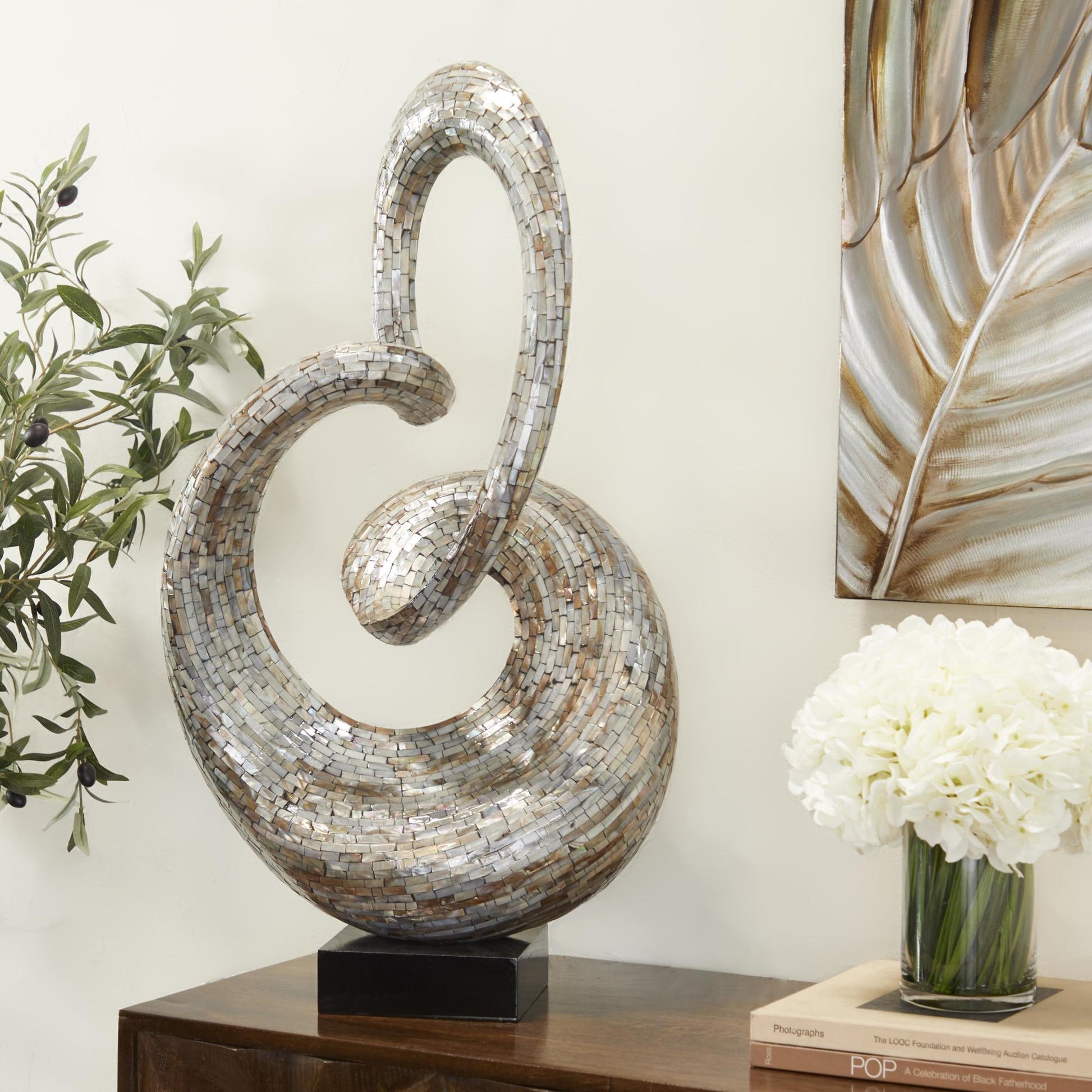 Abstract Gray Mother of Pearl Shell Swirl Decorative Sculpture with Black Base