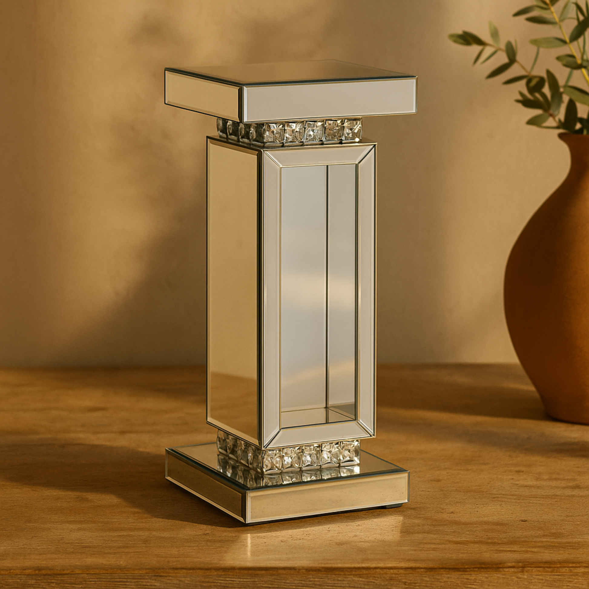 Silver Glass Cutout Mirrored Side End Pedestal Table with Beaded Crystal Accents