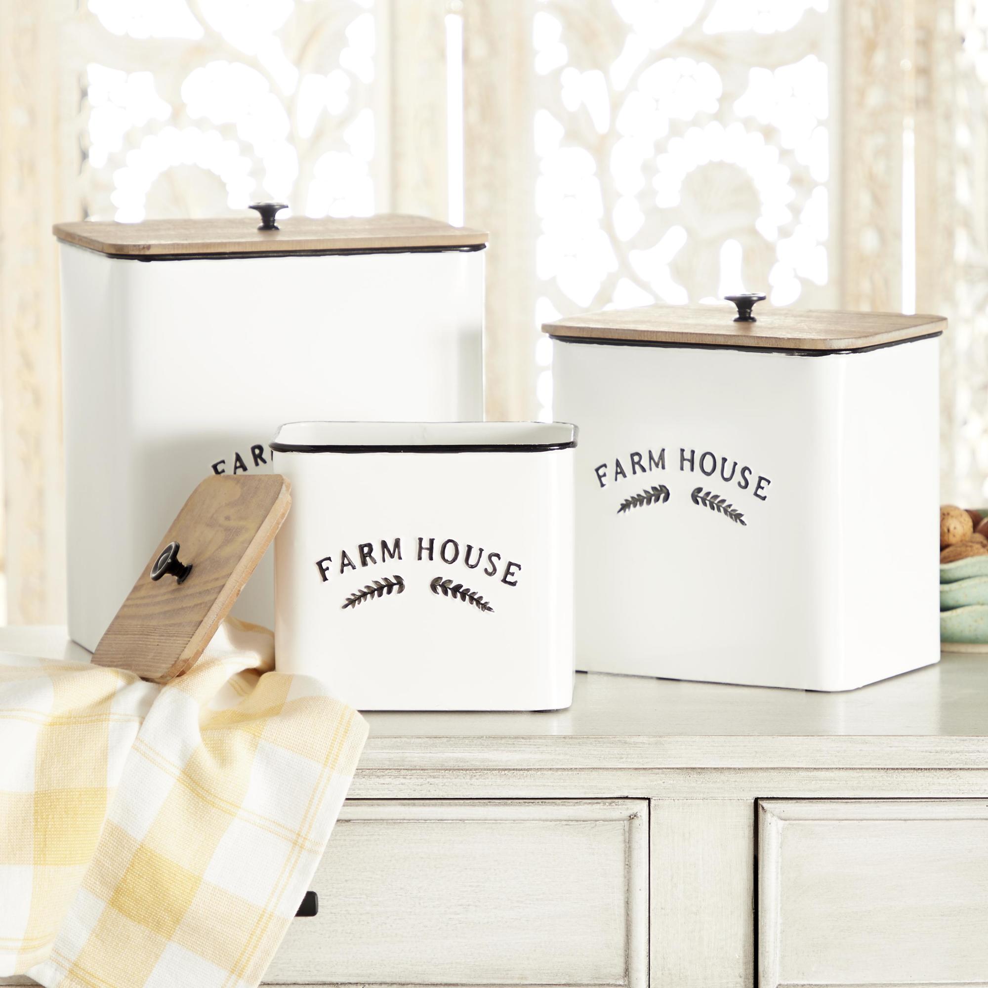 Set of 3 White Metal Farm House Decorative Canisters with Wood Lids and Black Accents