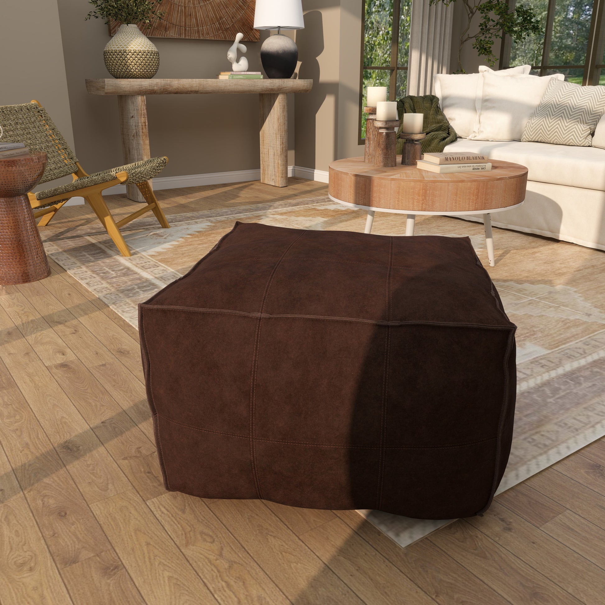 Leather Low Profile Square Stuffed Pouf with Patchwork Design