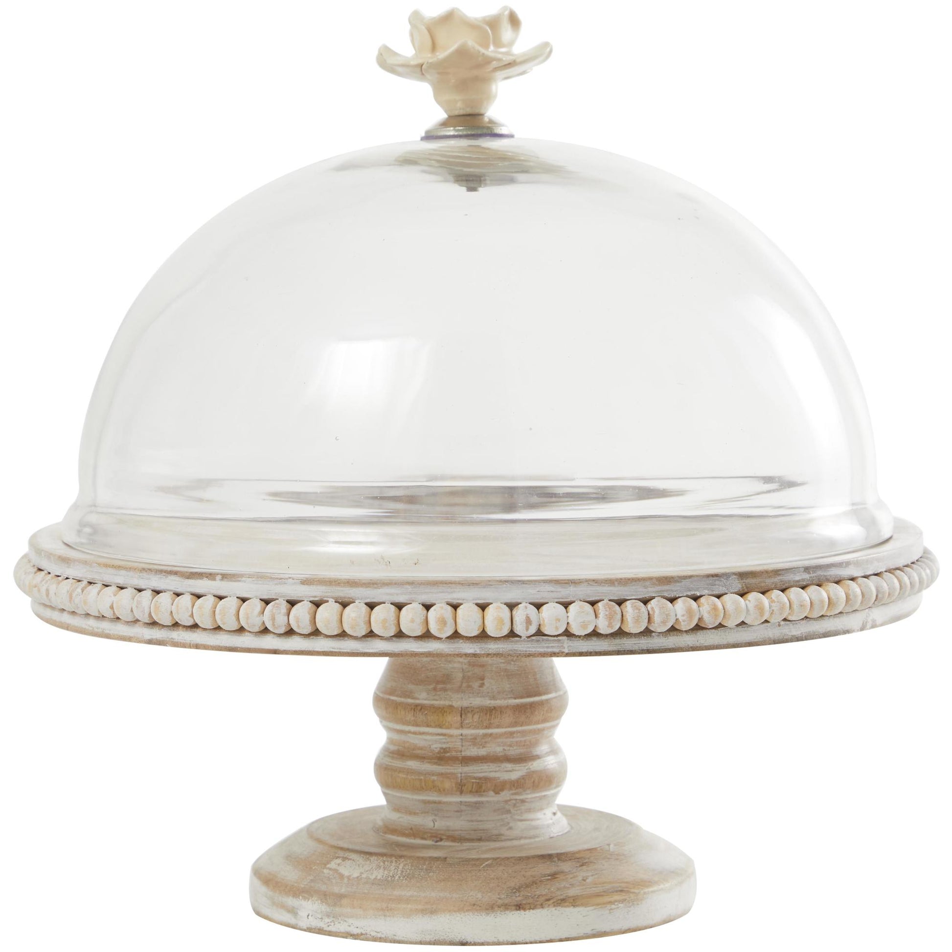 Floral Cream Mango Wood Decorative Cake Stand with Glass Dome