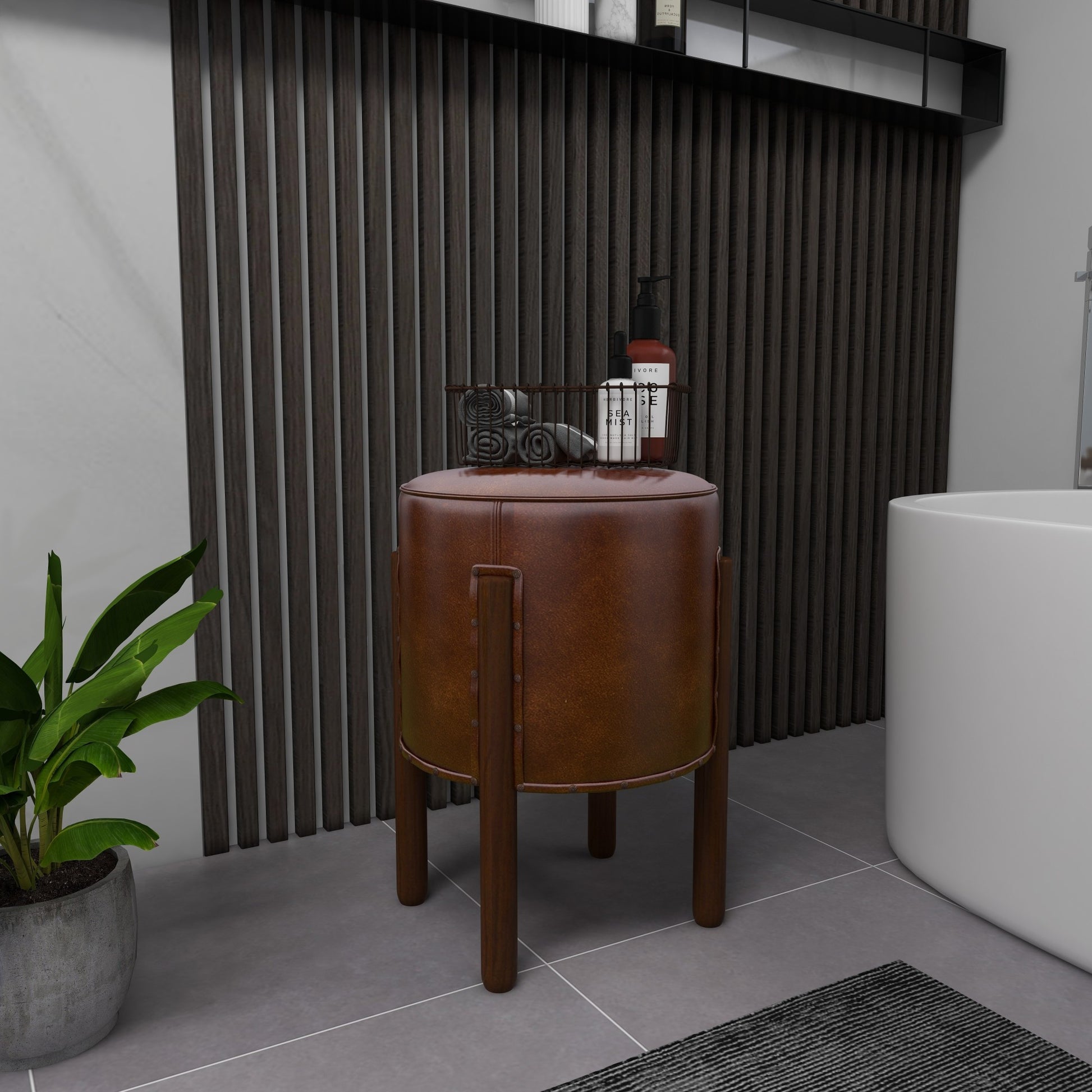 Brown Teak Wood Handmade Upholstered Leather Living Room Stool with Wood Legs