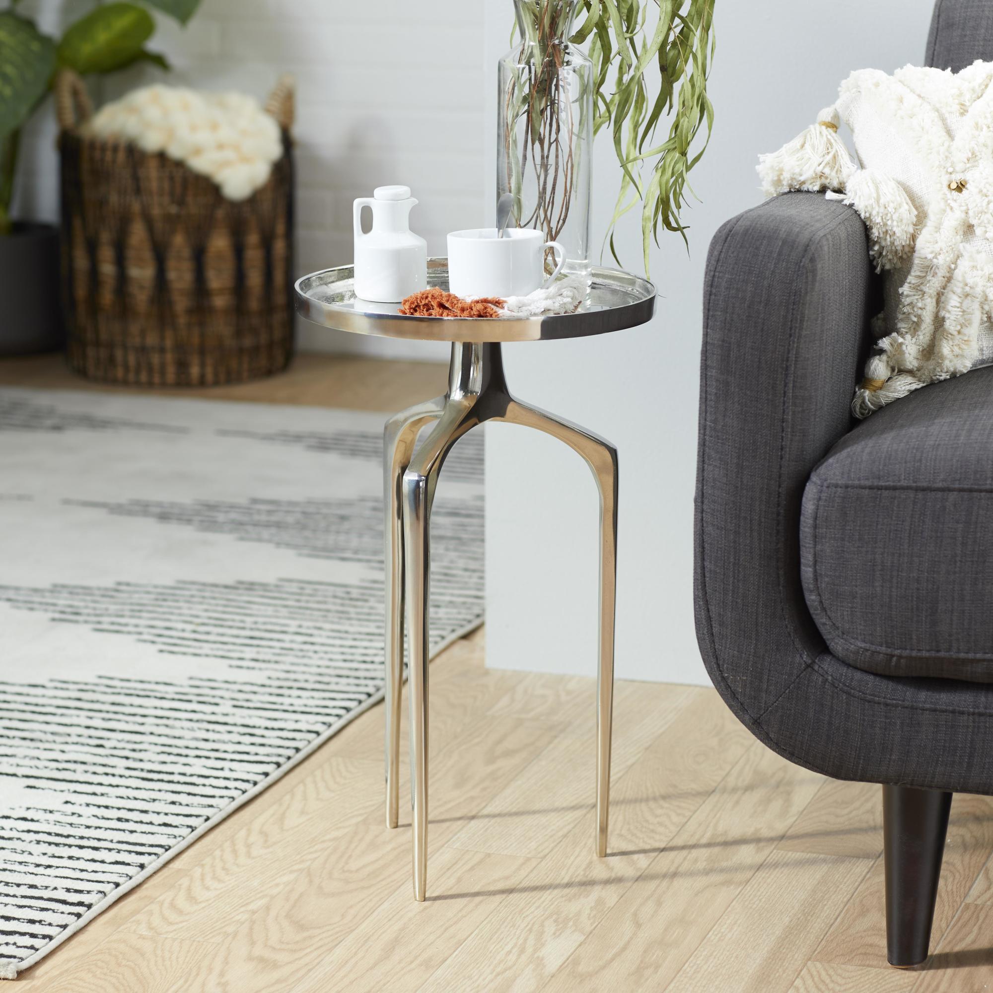 Aluminum Metal Tray Inspired Top Side End Accent Table with 3 Tripod Legs