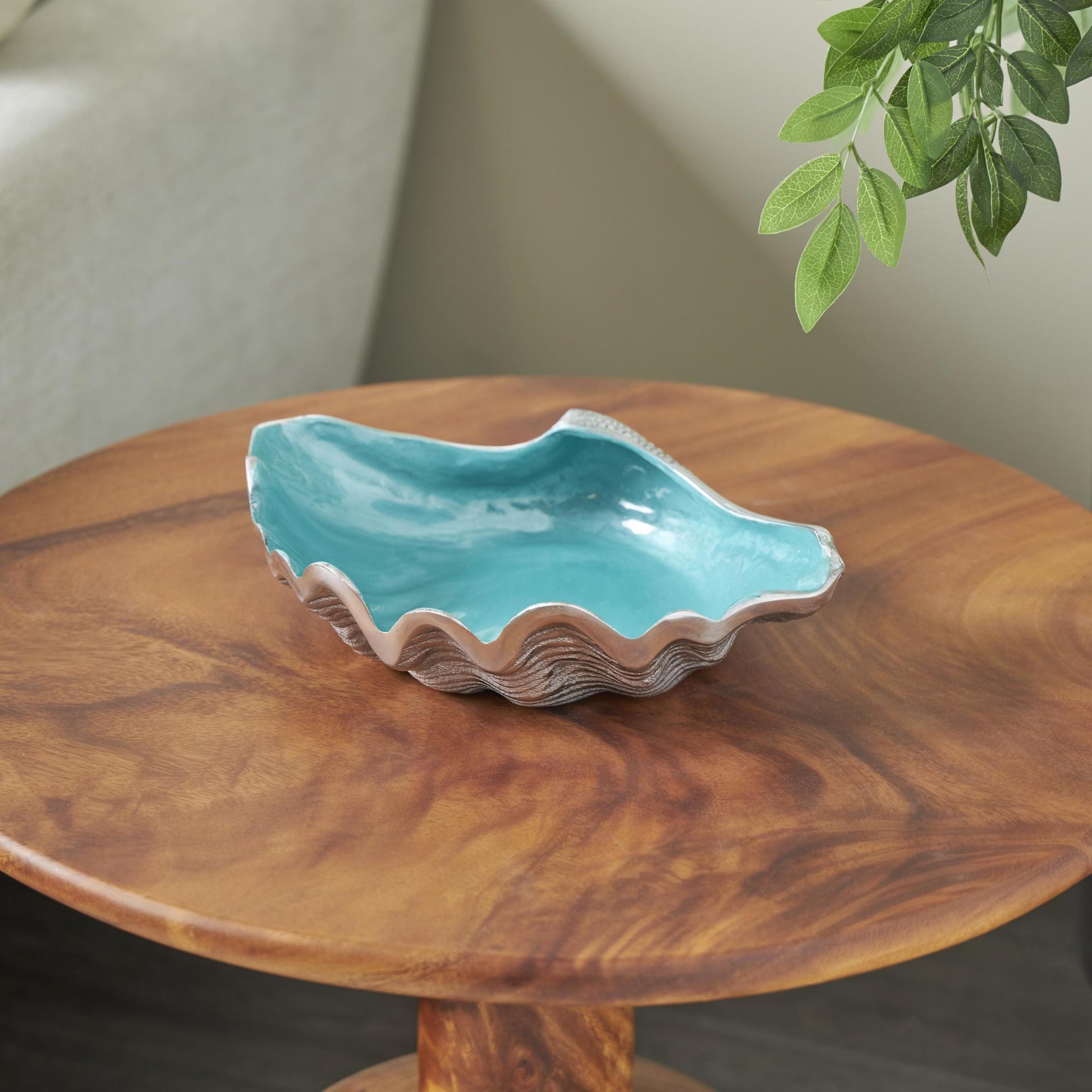 Shell Teal Aluminum Metal Shell Decorative Serving Bowl with Enamel Interior