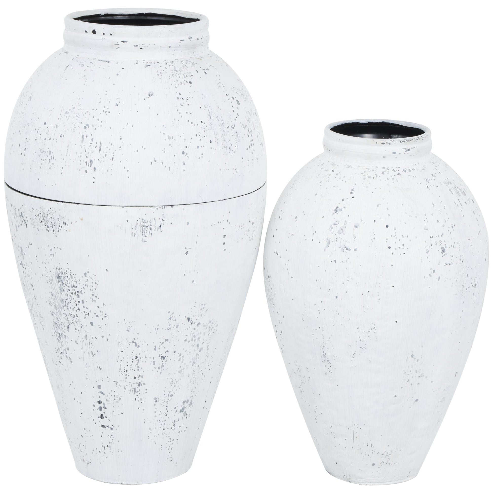 Set of 2 White Metal Tall Distressed Pot Floor Decorative Vase