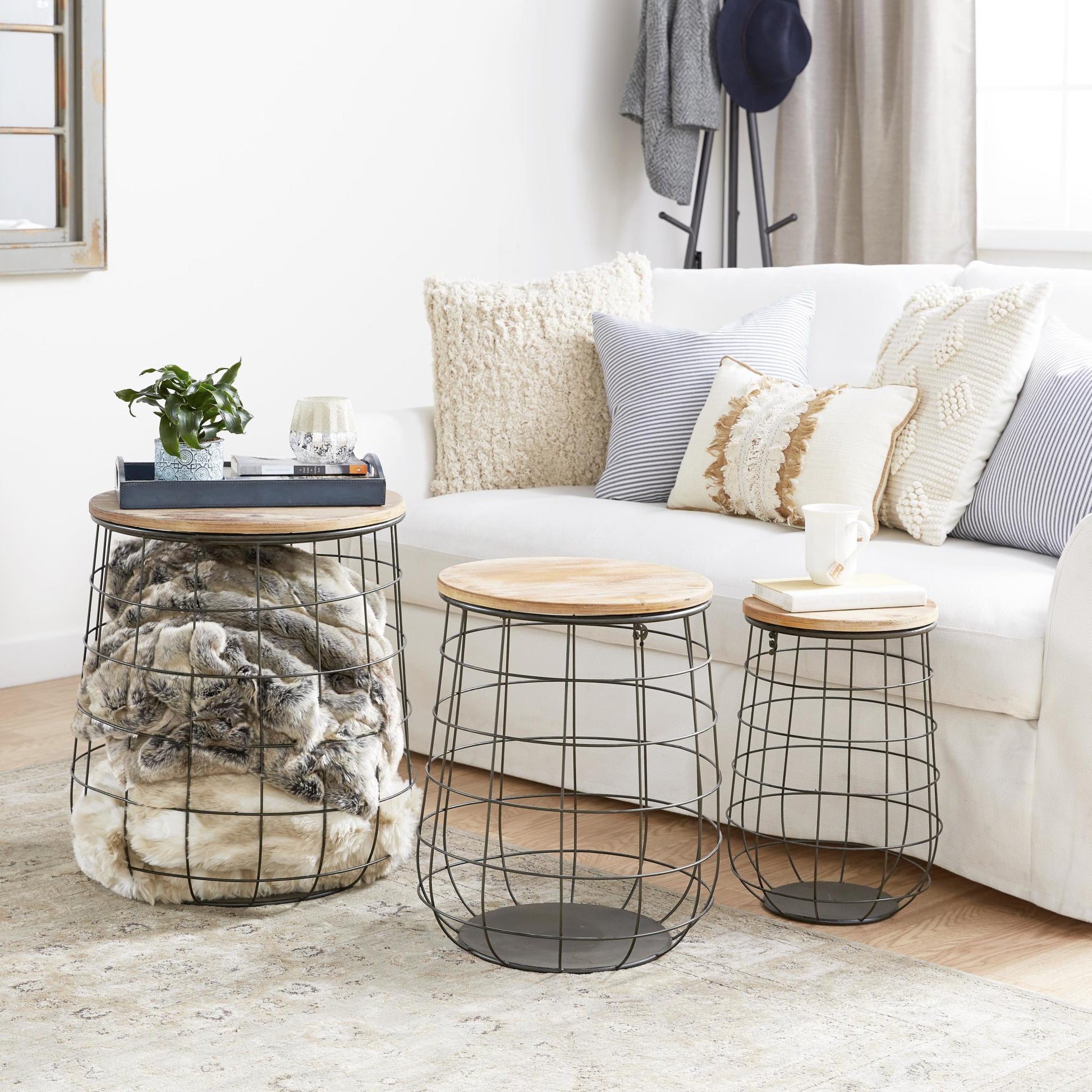 Set of 3 Black Metal Caged Decorative and Functional Storage Basket with Wooden Lift Top Lids