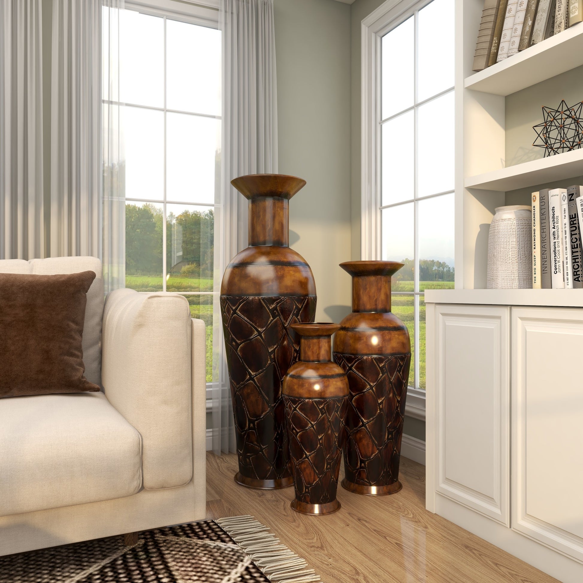 Set of 3 Brown Metal Indoor Outdoor Tall Floor Bottleneck Decorative Vase with Tortoise Shell Pattern