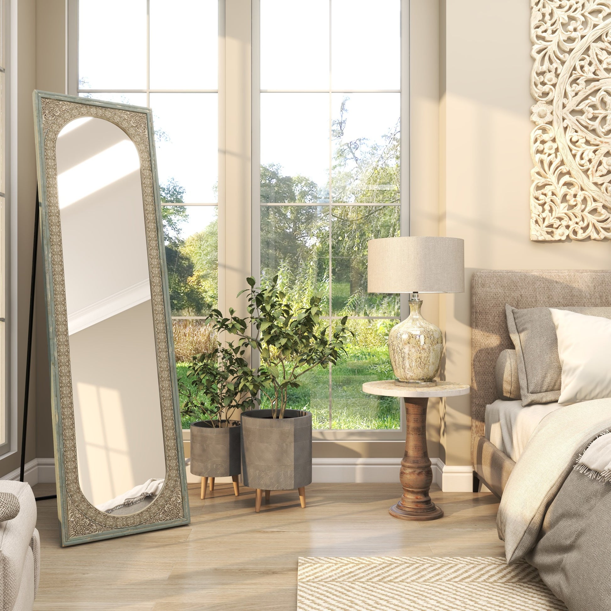 Floral Green Wood Embossed Room Floor Mirror with Black Metal Foldable Stand