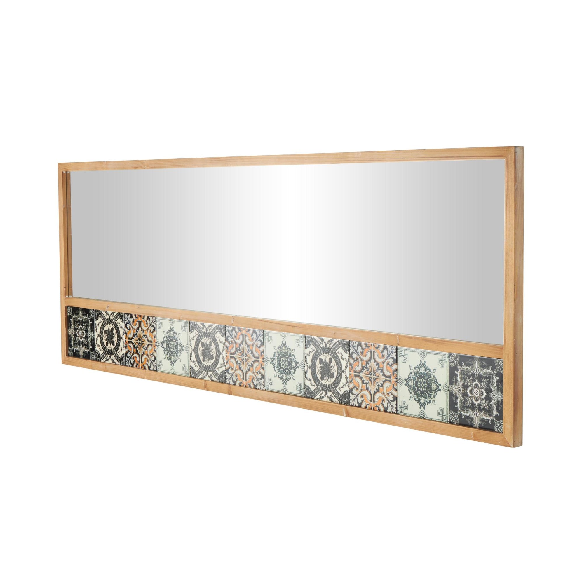 Floral Brown Wood Room Wall Mirror with Patterned Mosaic Tile Edge