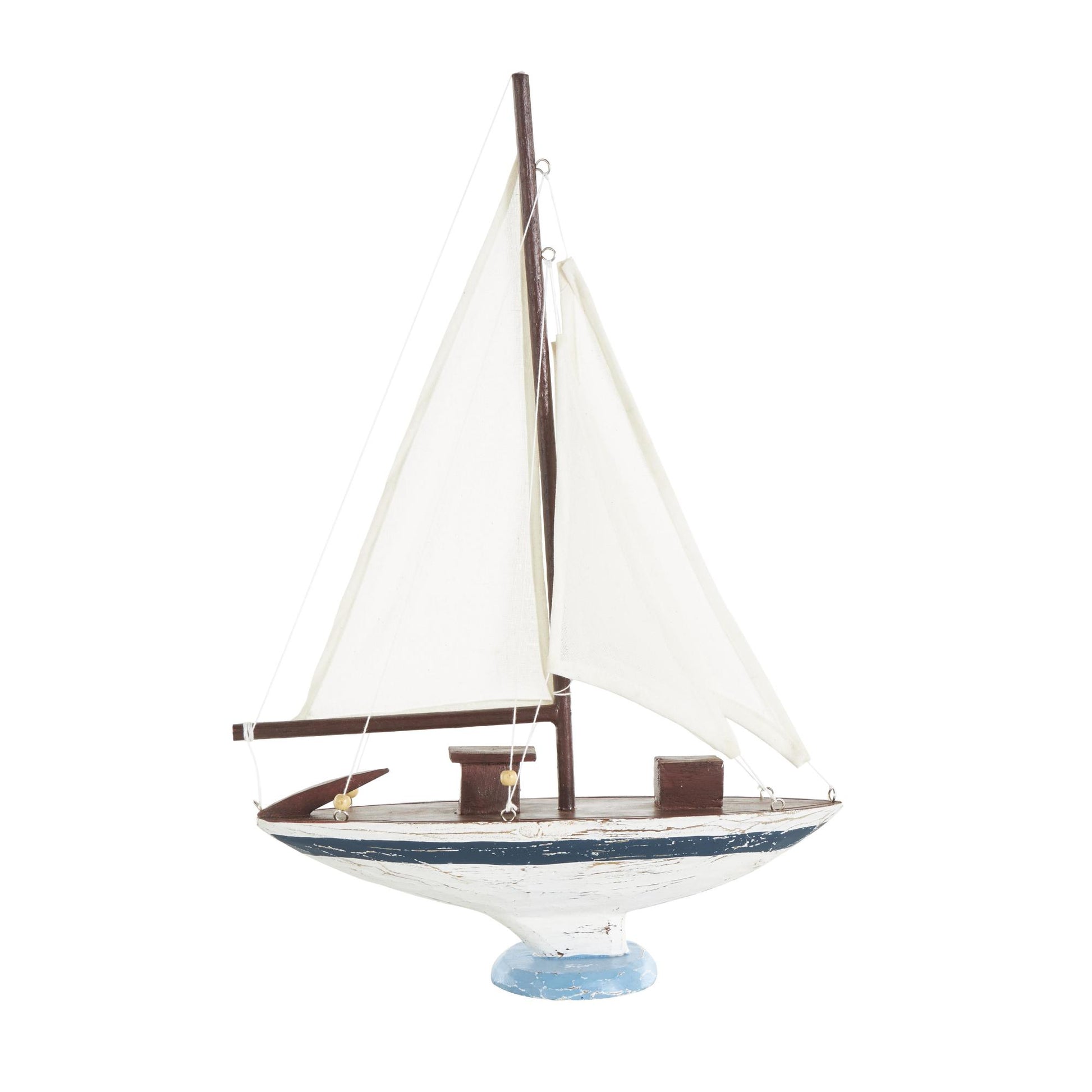 Sail Boat White Wood Distressed Decorative Sculpture with Brown Wood and Beaded Accents