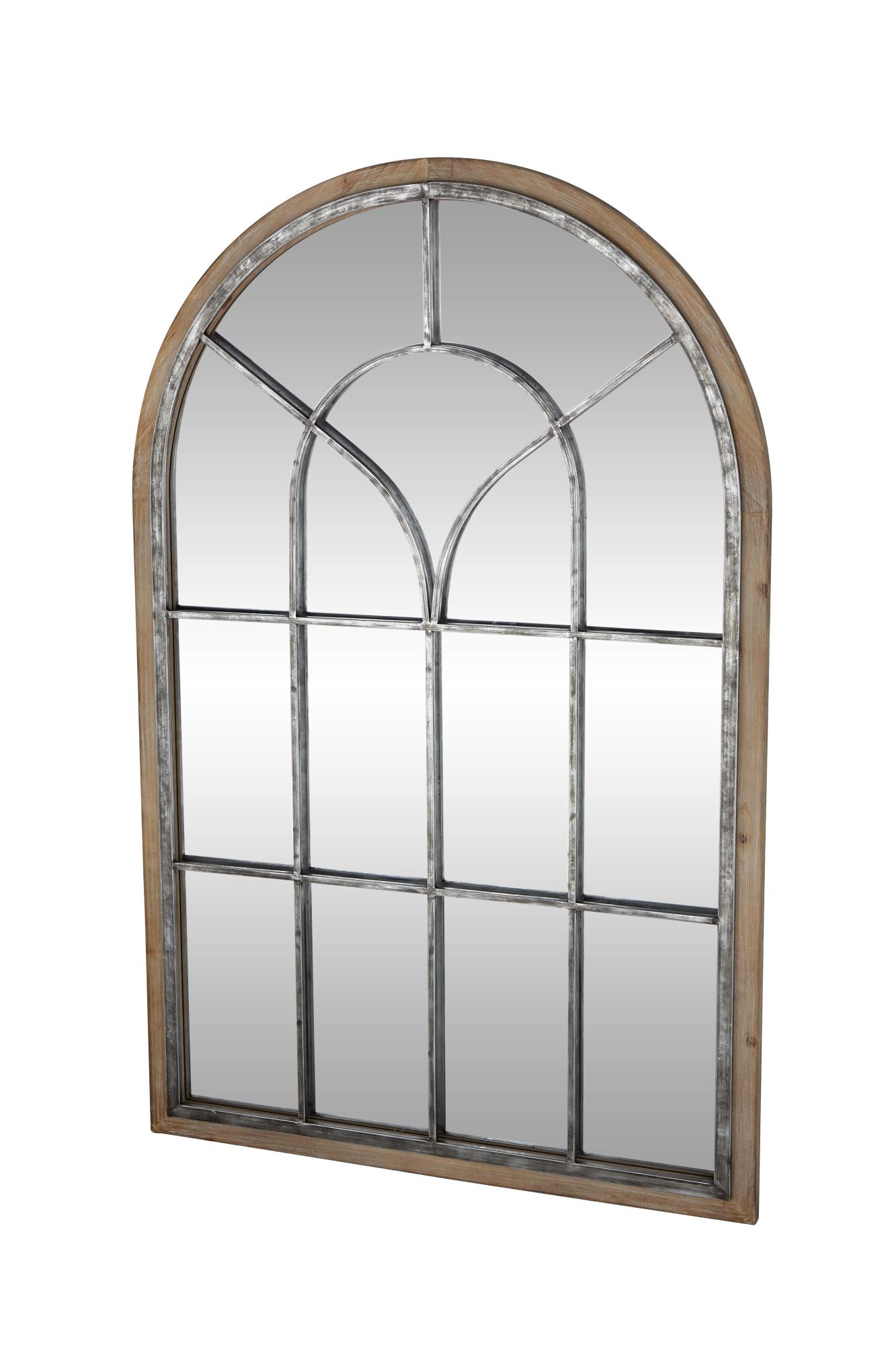 Brown Wooden Window Pane Inspired Room Wall Mirror with Arched Top