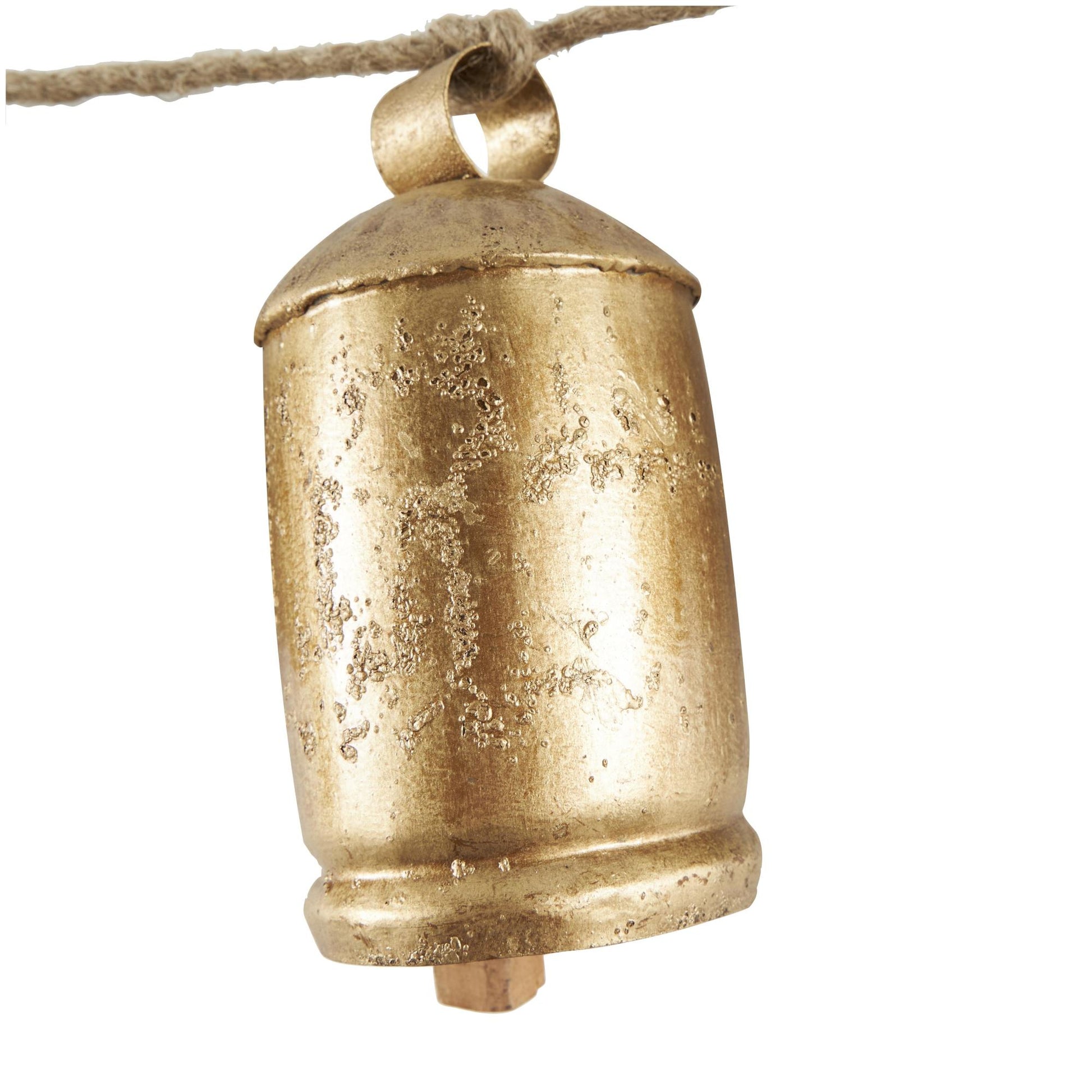 Gold Metal Tibetan Inspired String Hanging Indoor Outdoor Decorative Cow Bells with 6 Bells on Jute Hanging Rope