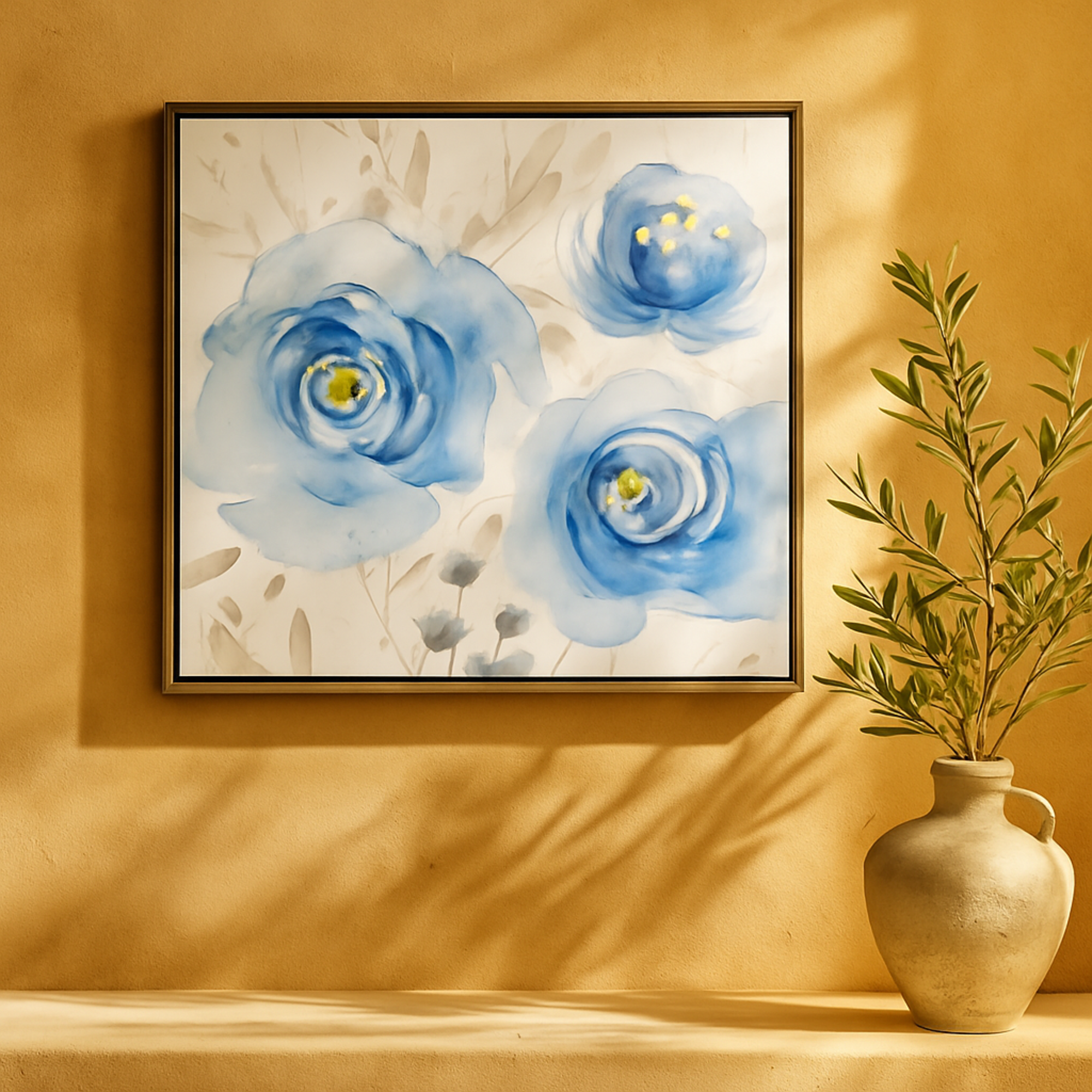 Floral Blue Canvas Living Room Framed Wall Art with Silver Frame
