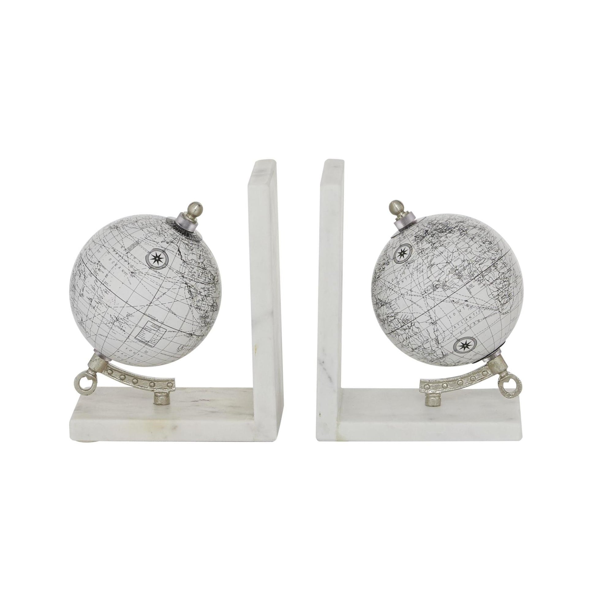 Set of 2 Globe White Marble Decorative Bookends with Silver Metal Accents