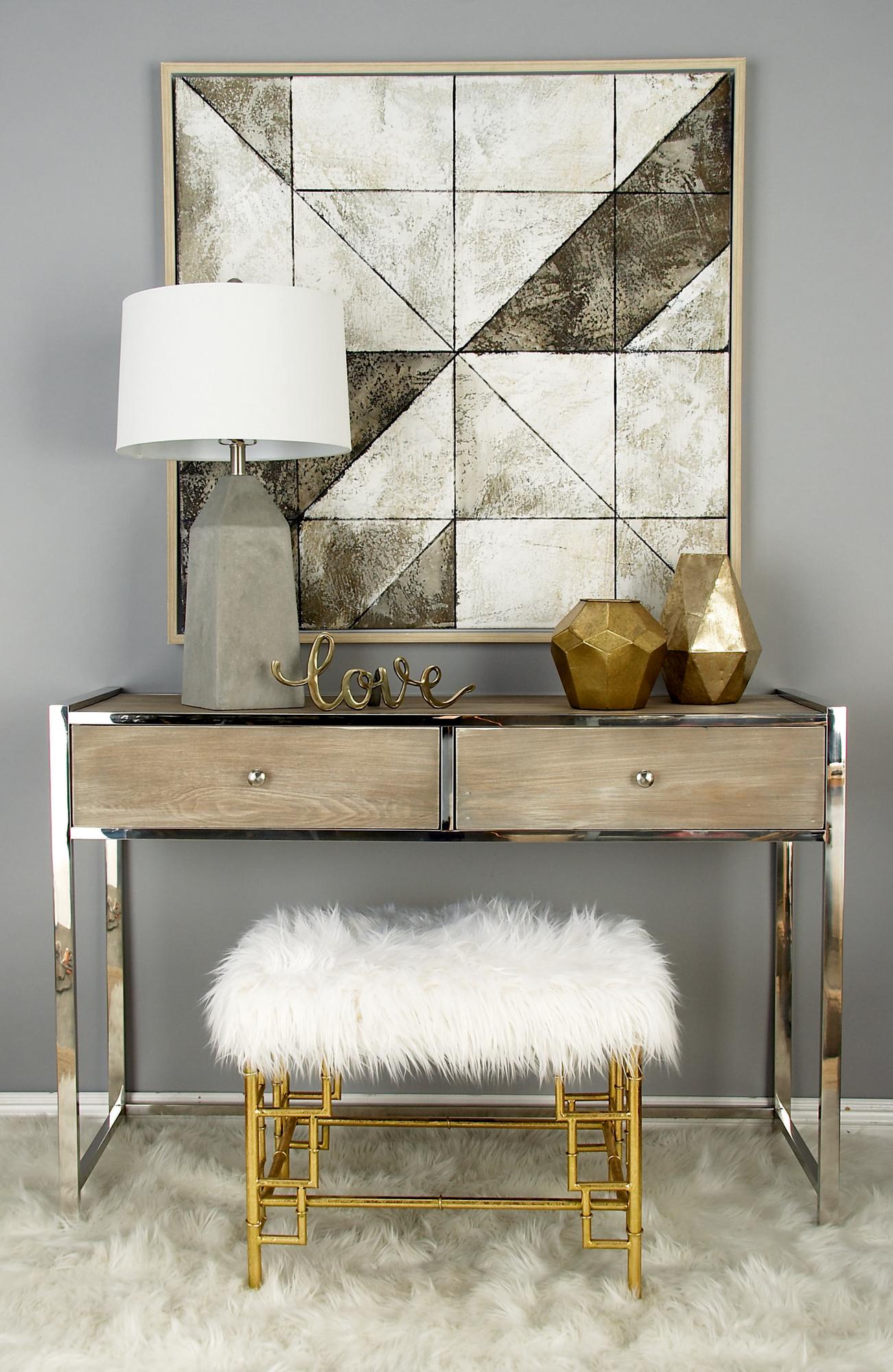 Gold Metal Living Room Stool with Faux Fur