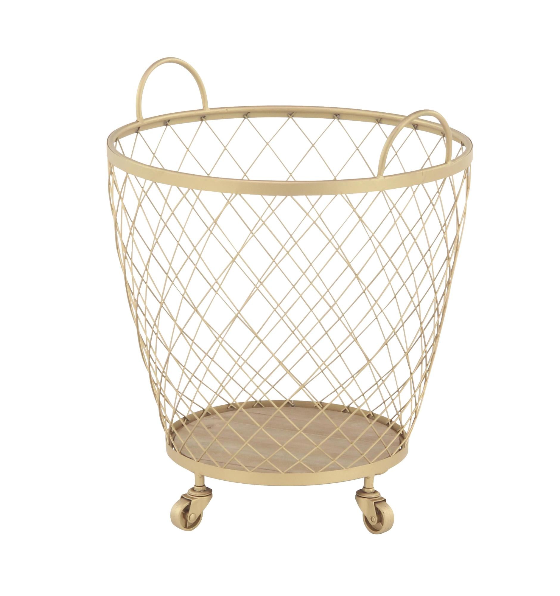 Set of 2 Gold Metal Mobile Wire Basket Mobile Storage Cart with Wood Interior