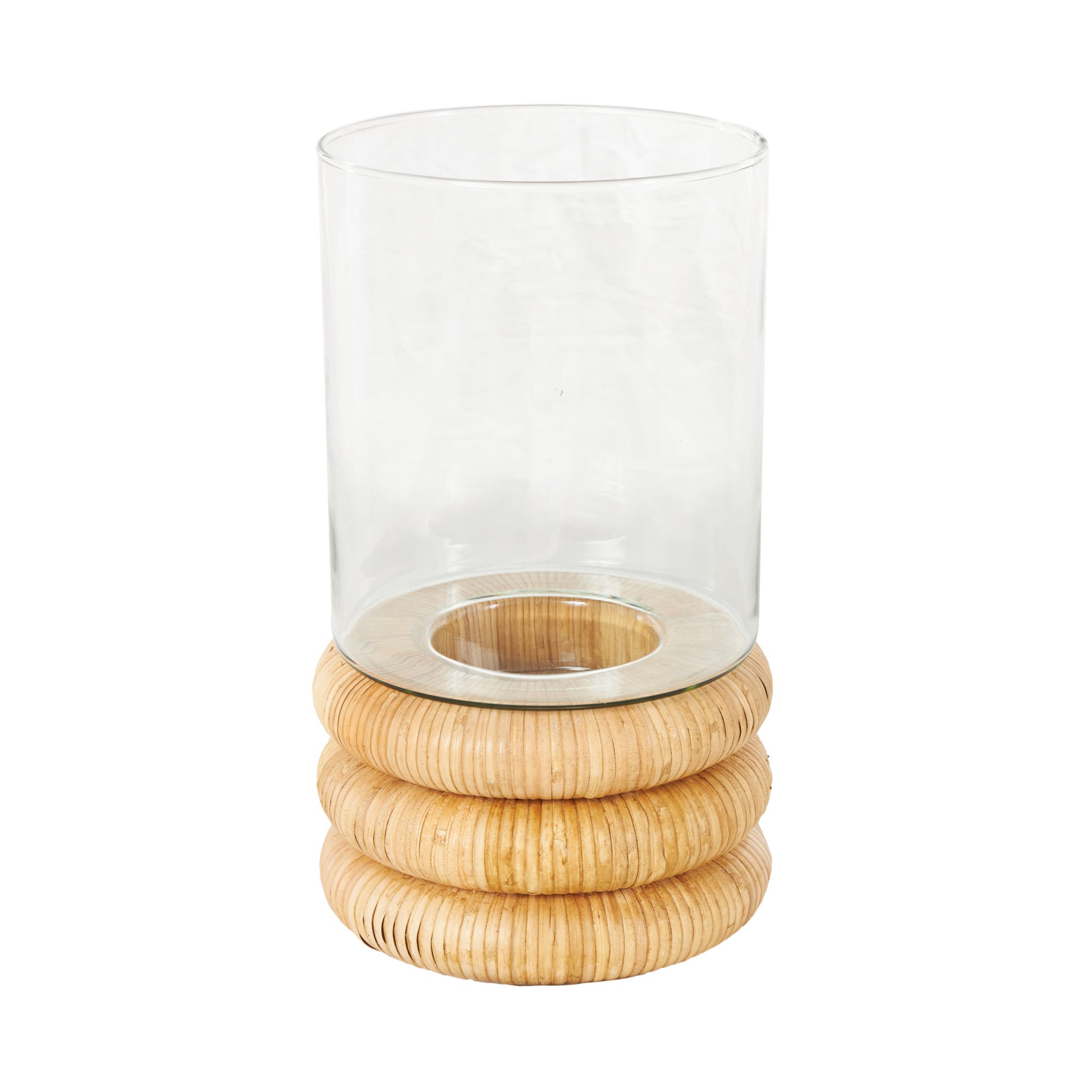 Clear Glass Round Room Hurricane Lamp with Light Brown Woven Base