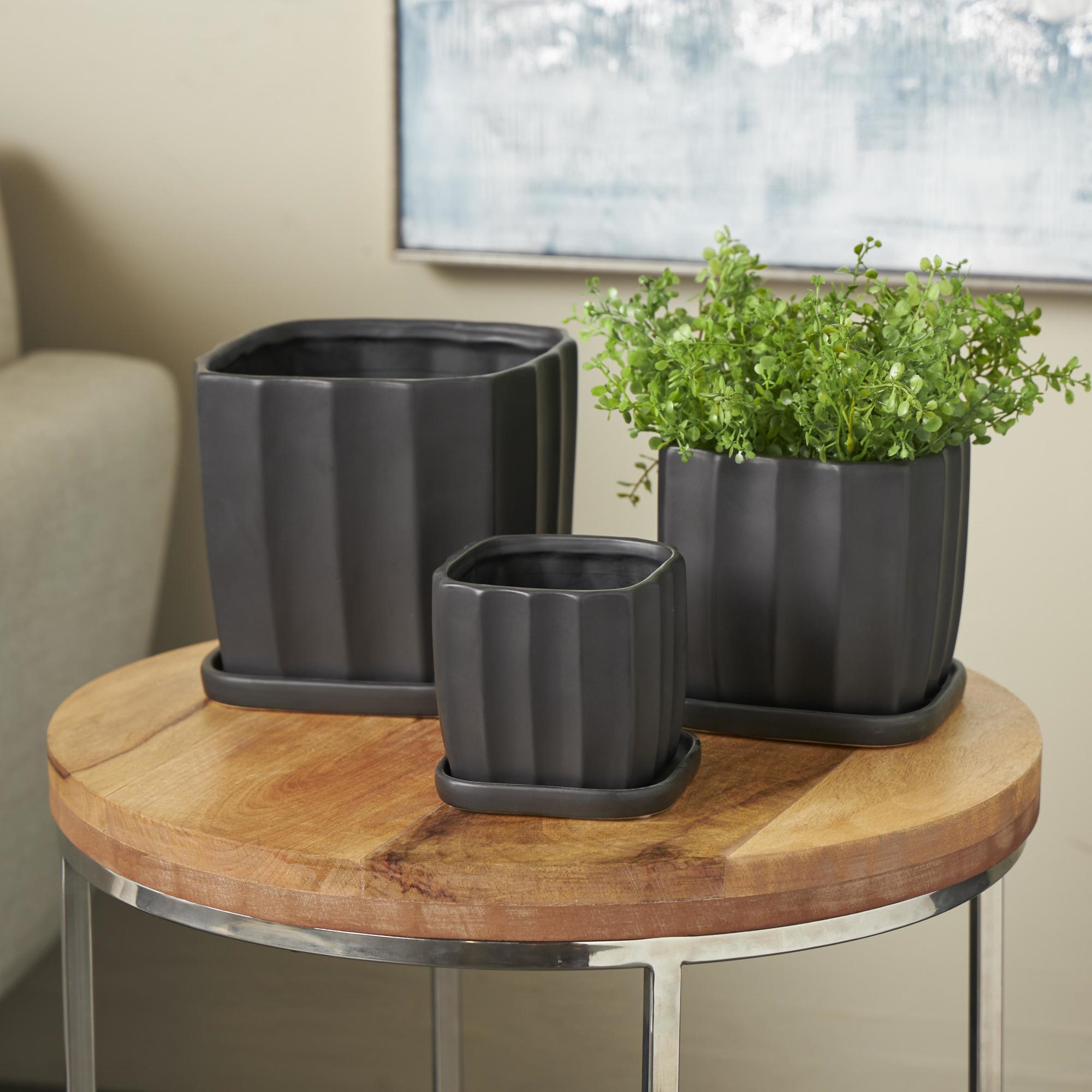 Set of 3 Ceramic Ribbed Indoor Outdoor Planter with Attached Saucer Set of 3 7", 6", 5"H